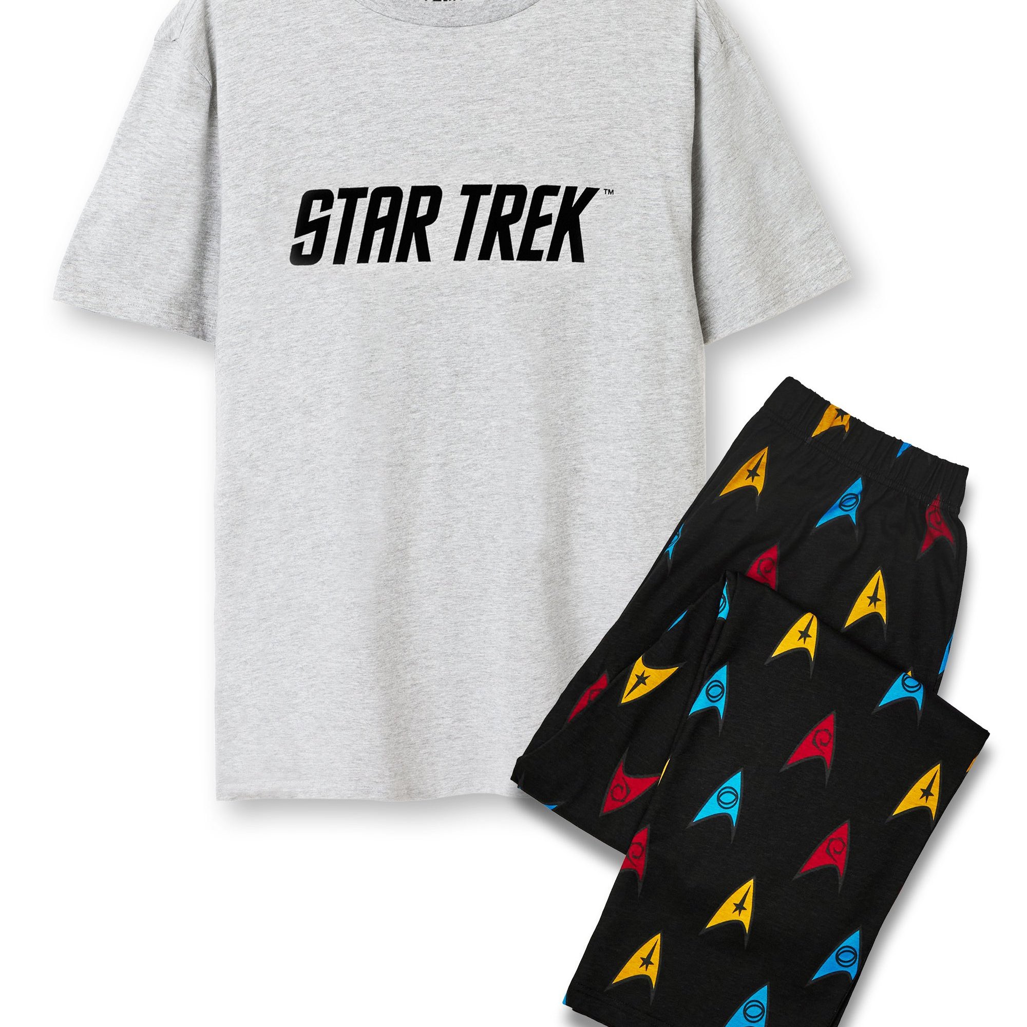 TEMU Star Mens Pyjama Set | Adults Classic Logo Grey Short Sleeve Graphic Tee & Black All Long Leg Bottoms Pjs | Badge Loungewear Trekkie Apparel |