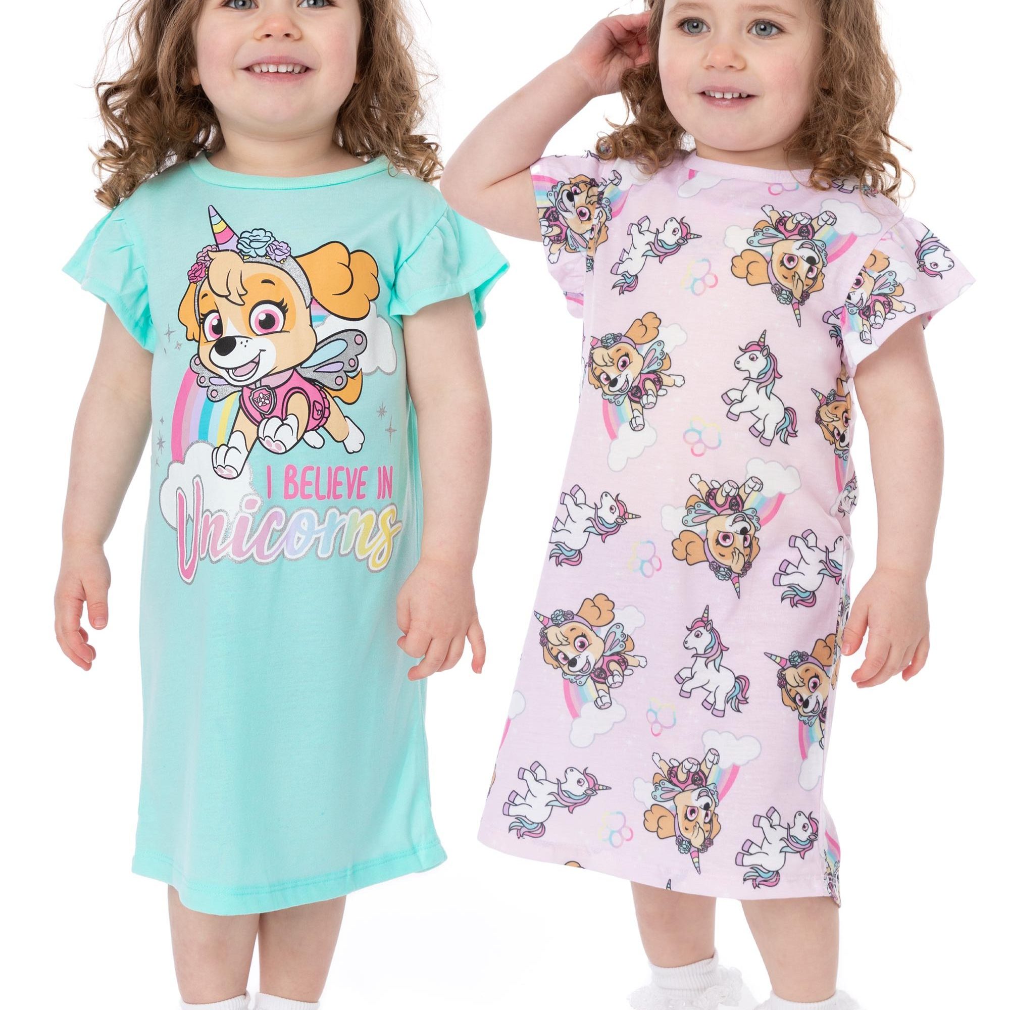 TEMU Nightie 2 Pack Kids | Girls Pink And Blue Skye Unicorn Night Dress | Short Sleeve Pyjamas | Children Tv Series Merchandise