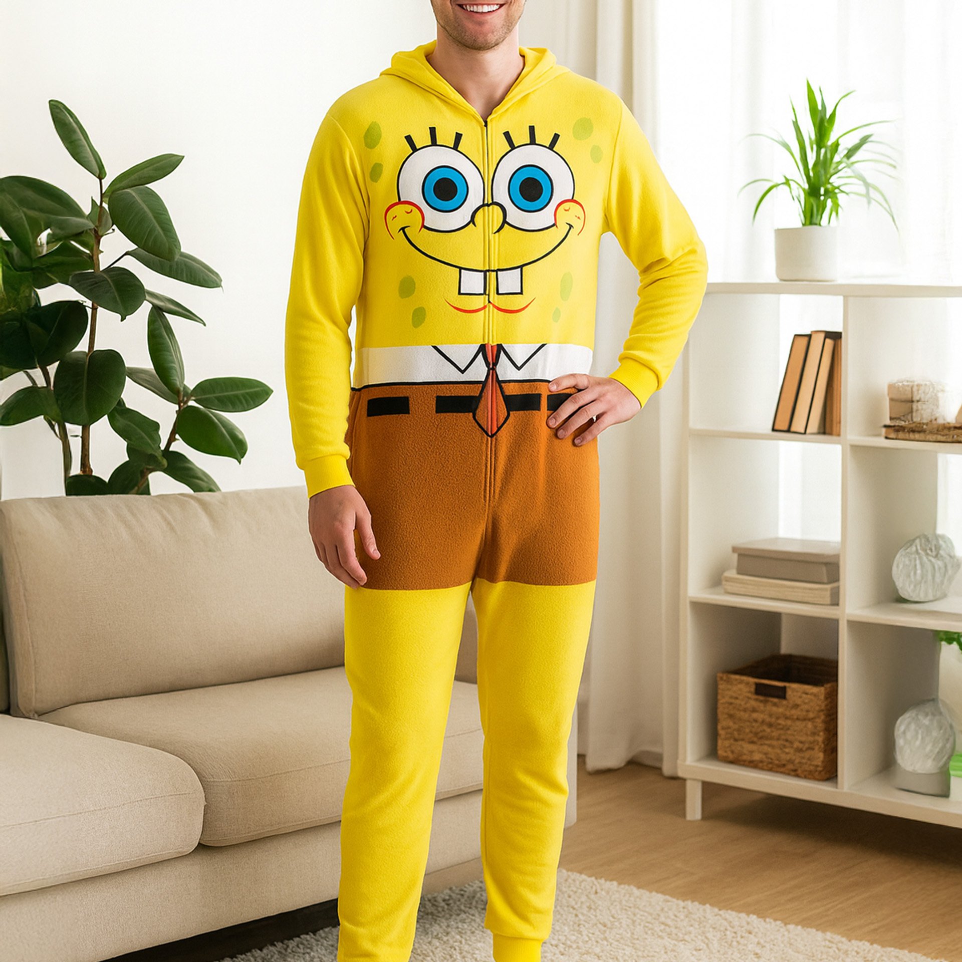 Spongebob Costume For Women And Men - Overall With Hood For Adults Unisex Yellow Carnival Halloween Cosplay Party Onesie Jumpsuit