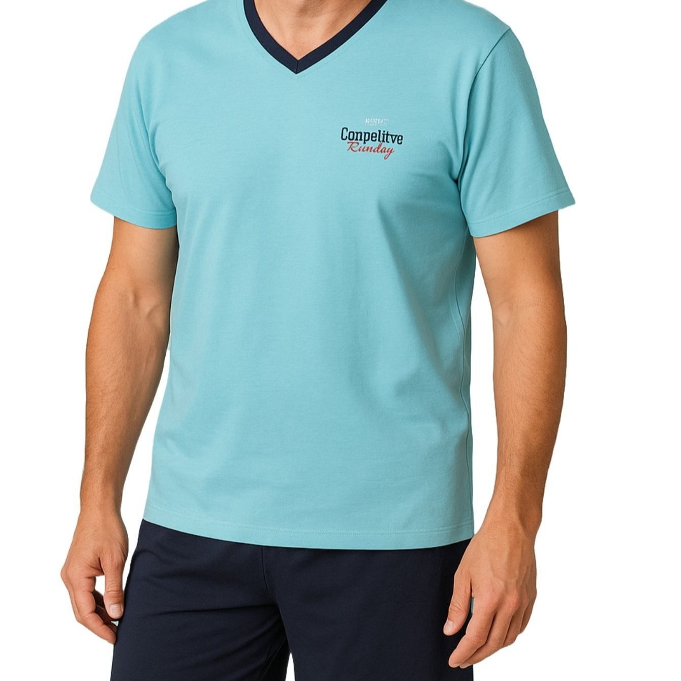 Image of Men's Short Summer Cotton Pajama Set, Short Sleeve V-neck, 2-piece Nightwear, 100% Cotton