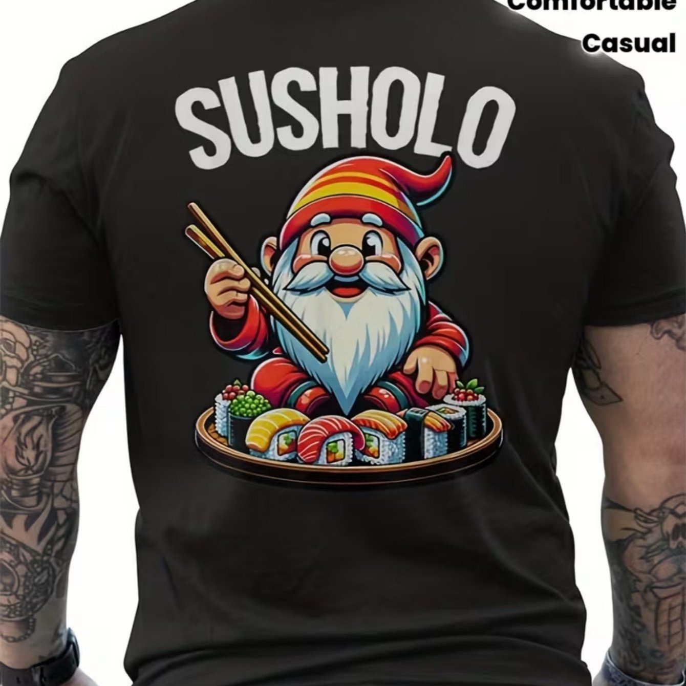 TEMU Maglietta divertente da Susholo per del sushi giapponese - Anime Gnome Back, T-shirt casual a maniche corte con e design con personaggio Susholo