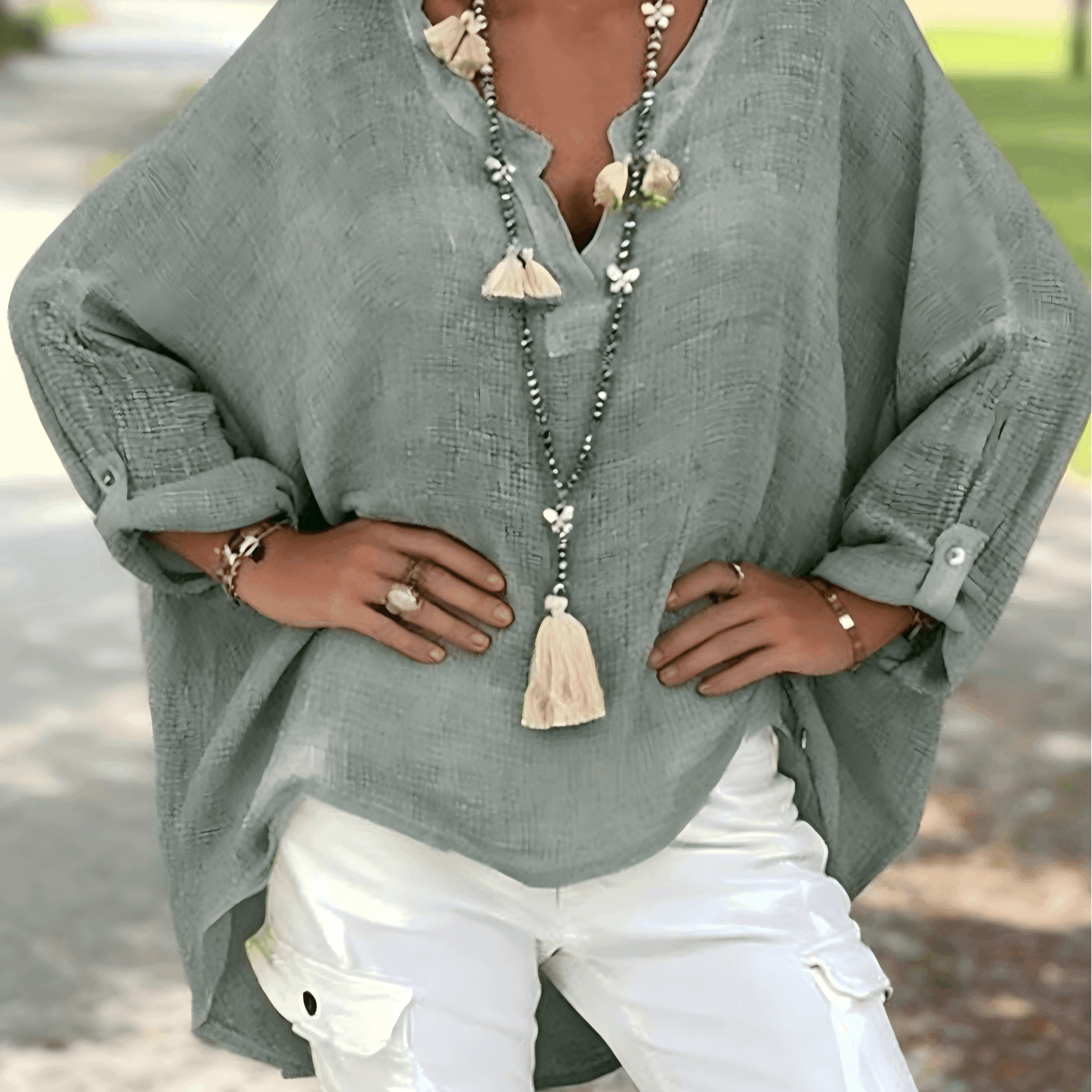 Women's Linen Tunic Summer Long-sleeved Blouse – Casual Top With Floral Print For Everyday & Vacation