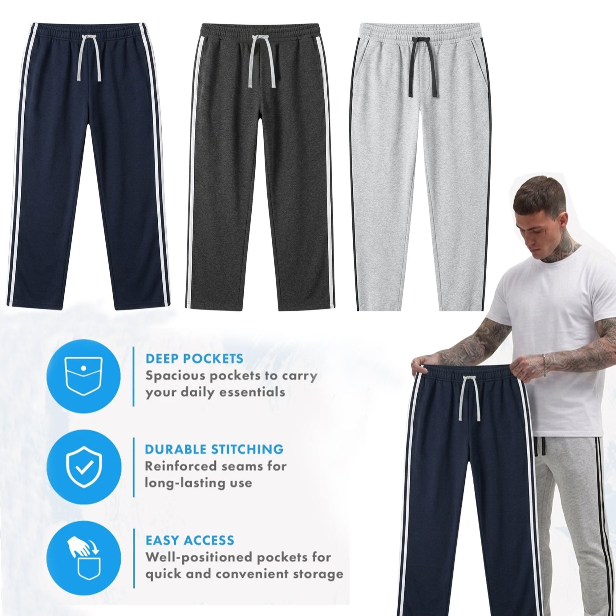 TEMU Mens Joggers Pack Of 3 Side Stripe Sweatpants Trousers Lounge Pants Casual Sleep Wear Running Multi Purpose Xl 2xl
