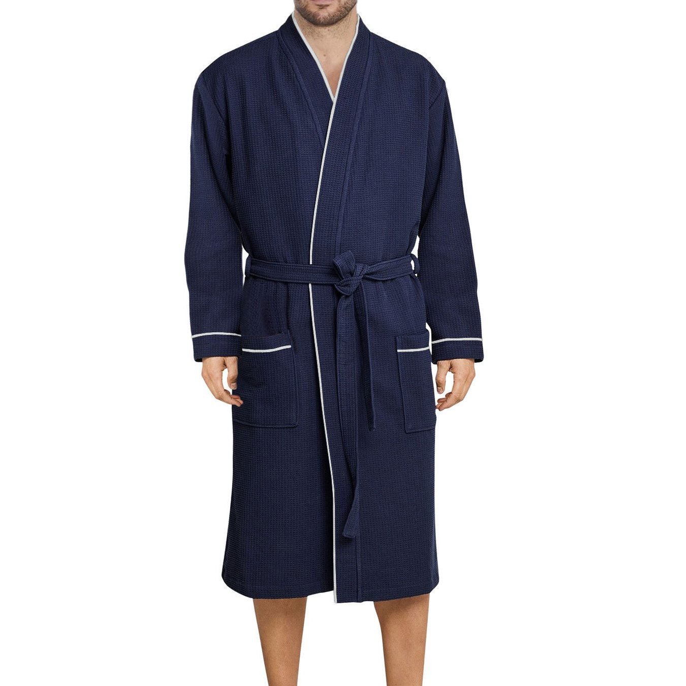 Image of Men's Waffle Quilted Bathrobe Made Of 100% Cotton With Hood Long Version Blue With White Contrast - 1505-l3