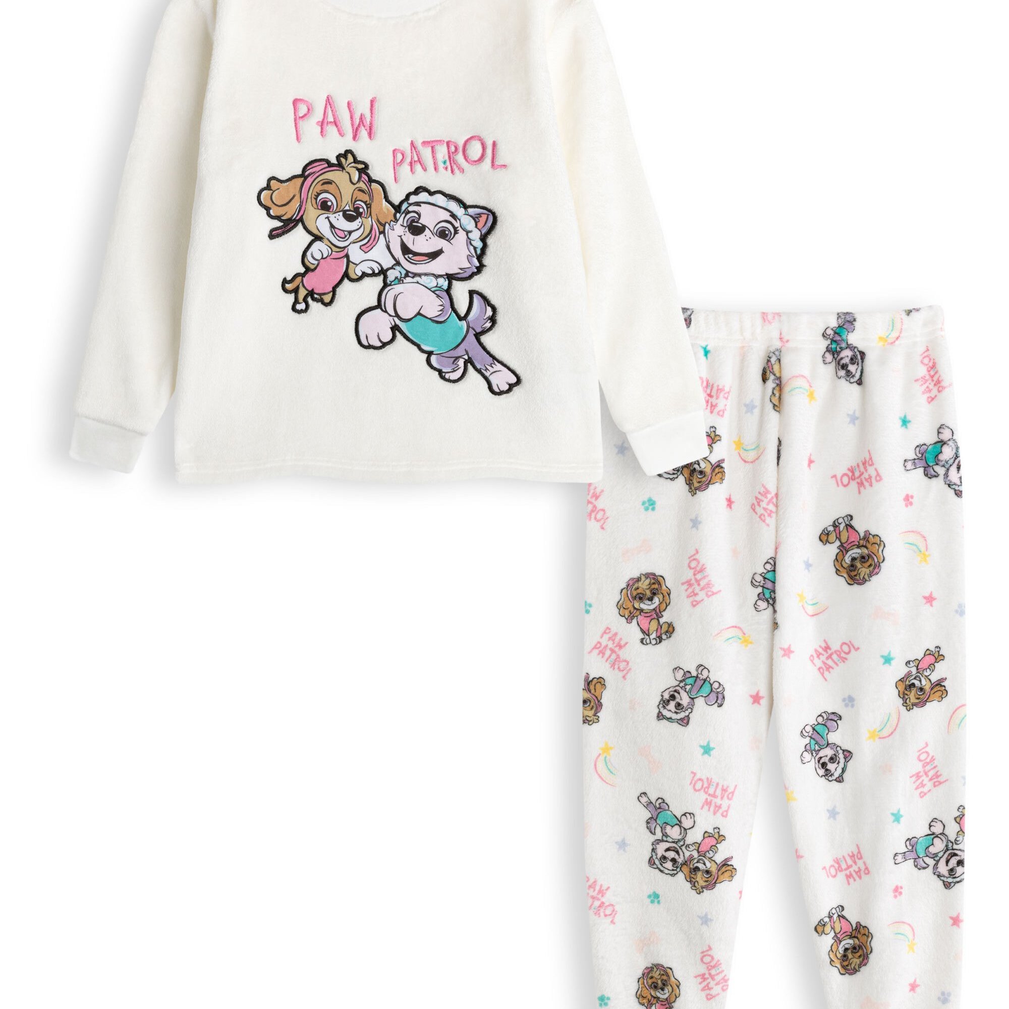 TEMU & Girls Fleece Pyjamas | White Character Print Sleepwear For Kids | Long Sleeve Crew Neck Pajama Set | Comfortable Cartoon Loungewear For Autumn