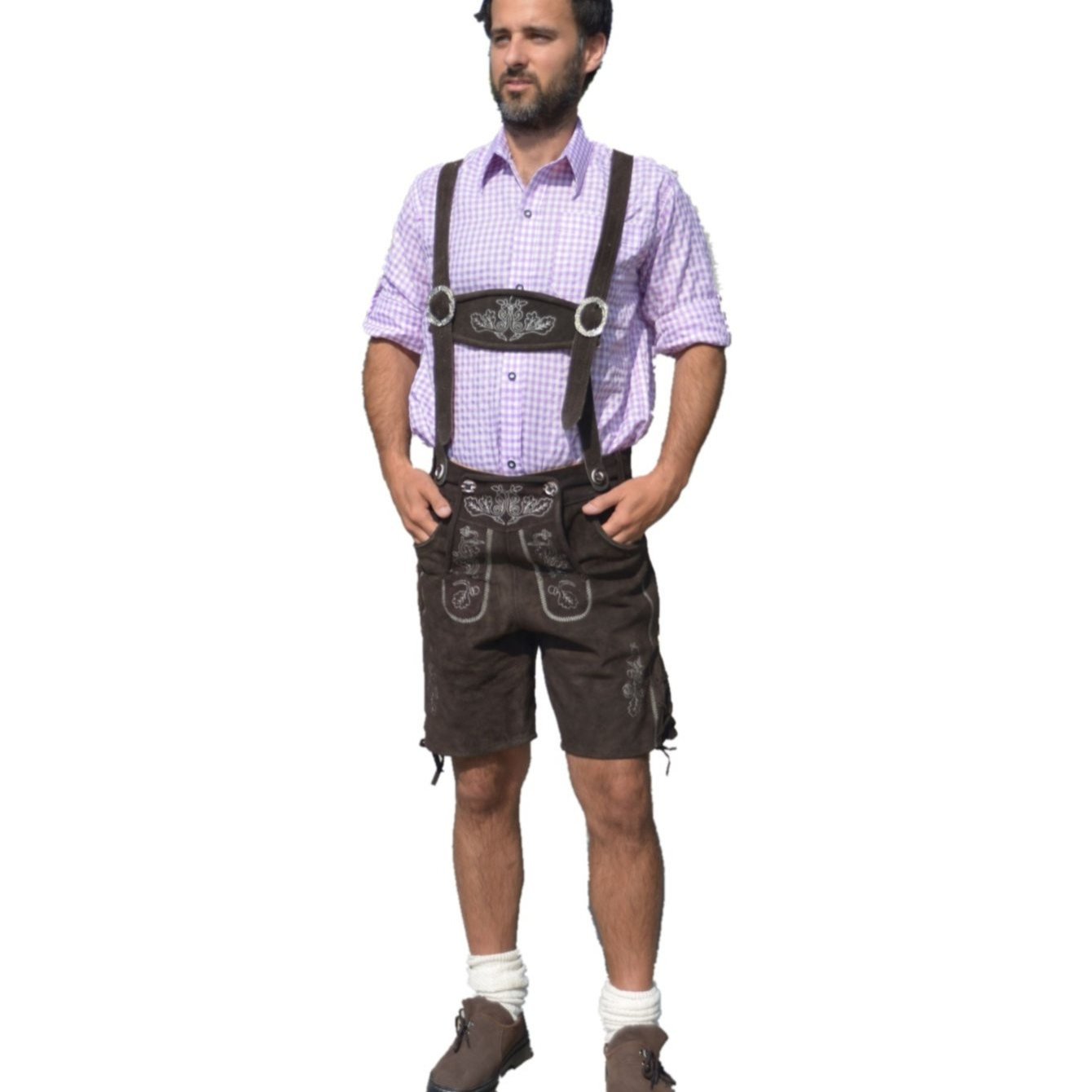 TEMU Traditional Leather Pants With Straps For Men, Short Dark Brown, Durable Leather, Knee-length, Sizes 44-46-48-50-52-54-56-58-60
