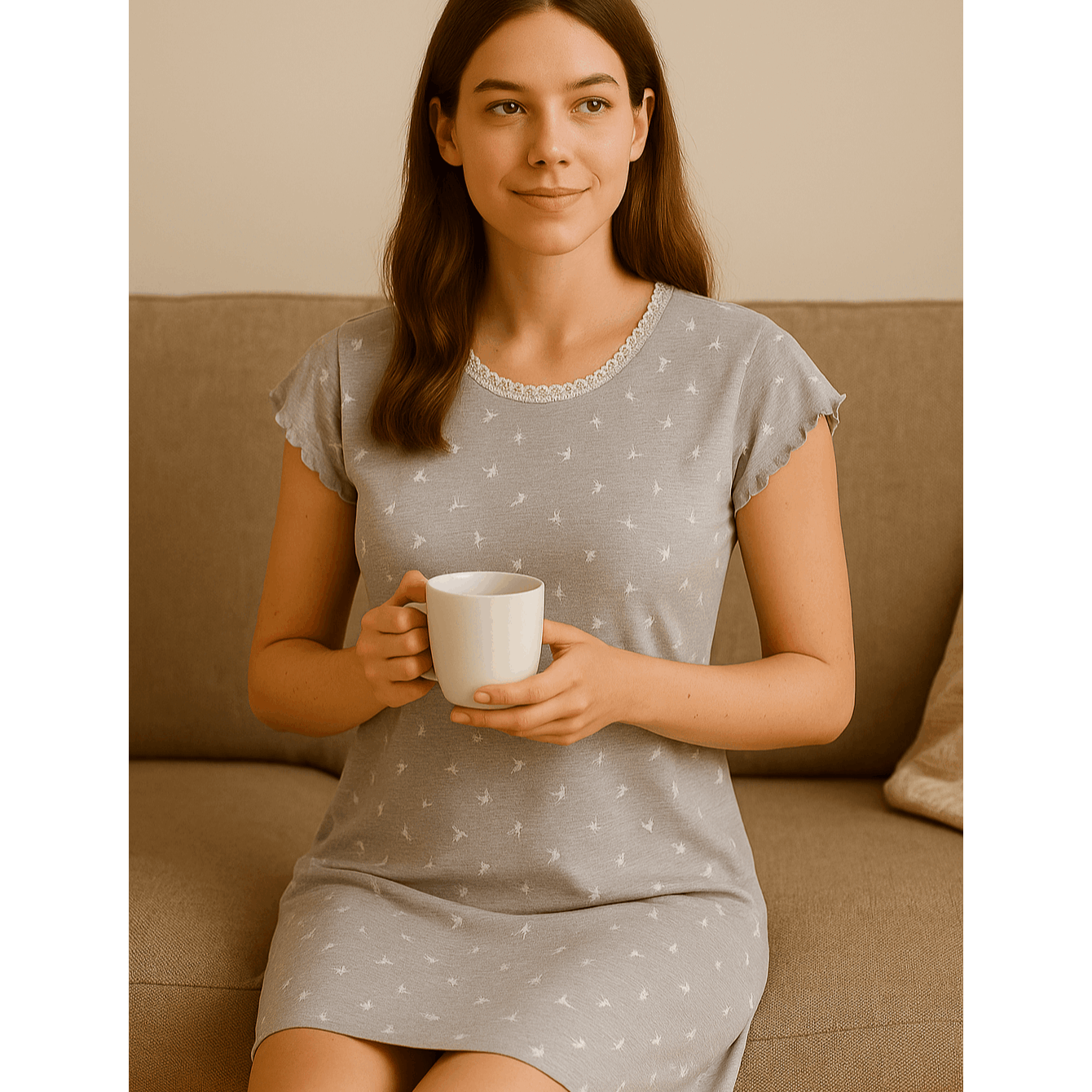Women's Nightdress, Sleepwear, Nightdress, Round Neckline, Short Sleeve, Women's Nightdress Size S, M, L Color Grey
