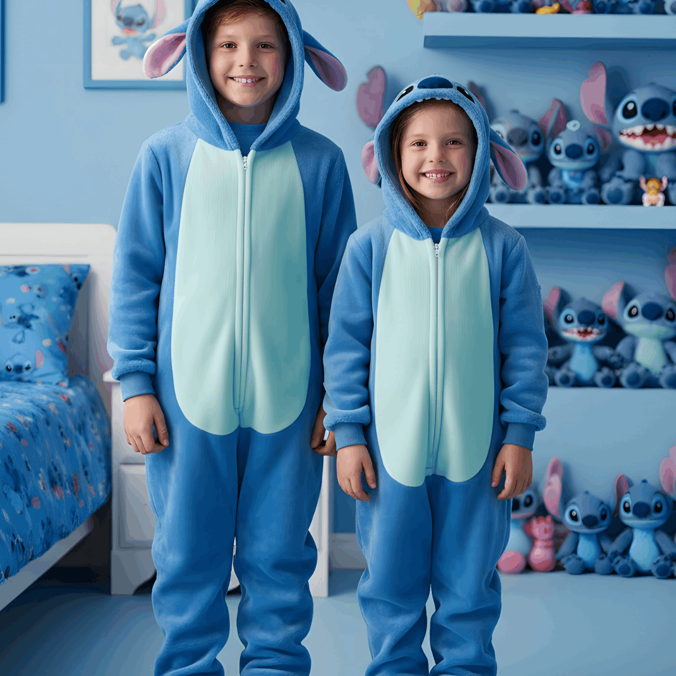 E-shop Plüsch Lilo & Stitch Onesie Schlafanzug mit Kapuze und , Lockerer Cartoon-Charakter-Anzug für Kinder ab 3 Jahren, 100% Polyester, Herbst und