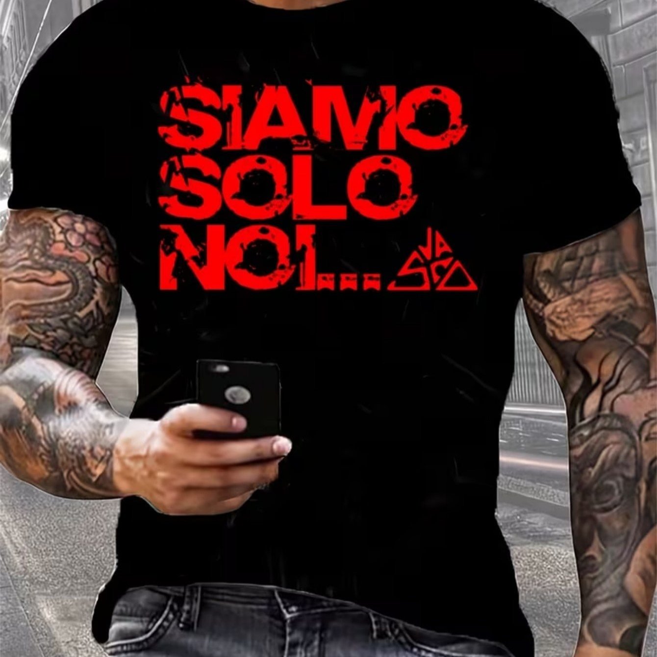 TEMU Men's Rossi T-shirt With Graphic | Black With Red Italian "siamo " Print And Rossi Signature, Casual, Short Sleeves, , Regular Fit, Ideal For