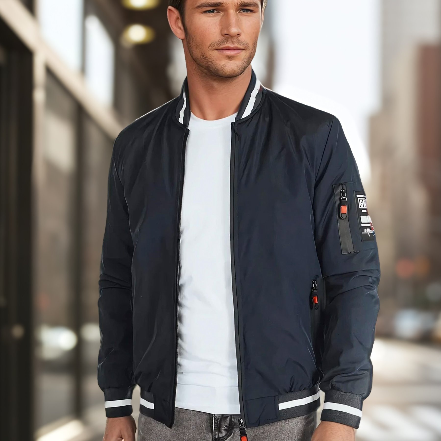 Men's Jacket In Blue, , With A Zipper, No Hood, Elastic Cuffs, Light Padding, External And Internal Pockets, Perfect For Spring And Autumn, 5015