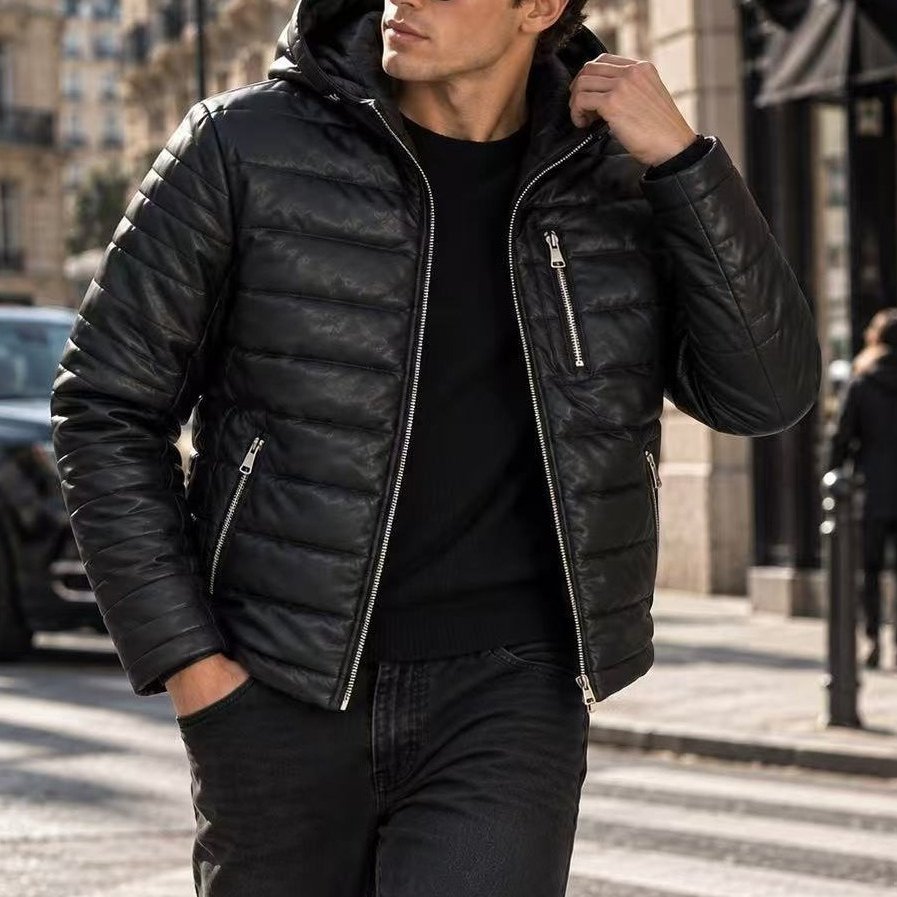 Image of Men's Quilted Jacket With A Hood, Black, Stylish Autumn/winter Jacket