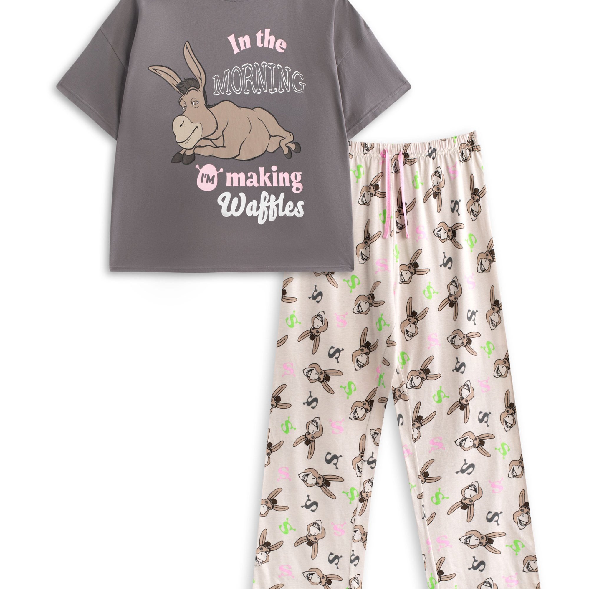 TEMU Vanilla Underground Shrek Donkey Women's Grey Short Sleeve Long Leg Pyjama Set | Multicolour Pjs With 'in The Morning I'm Making ' Print |