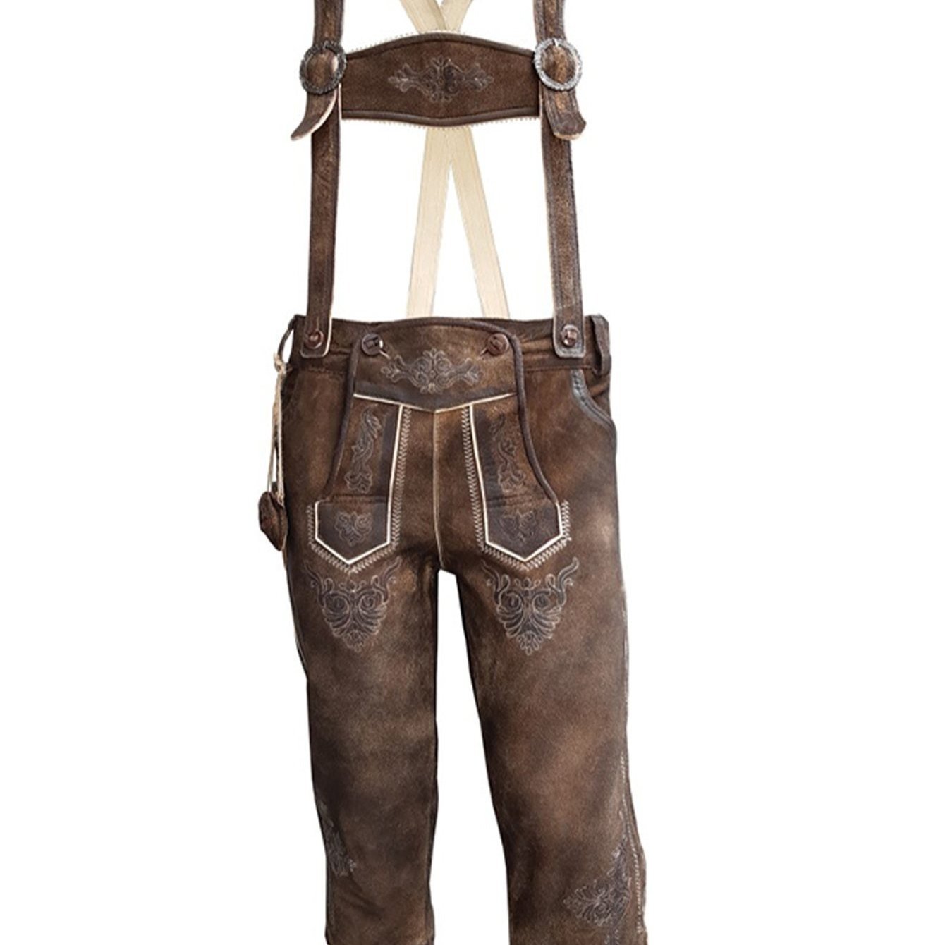 Men's Traditional Leather Pants With Suspenders, Dark Brown, Buffalo Leather, Knee Band