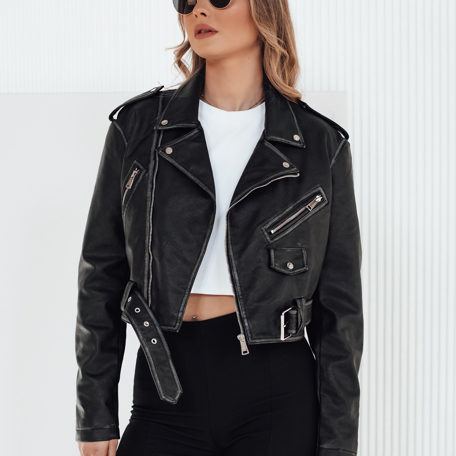 Image of Leather Jacket For Women, Short, Zip-up With A Belt And Epaulets, Motorcycle Style, With A Collar, Spring And Autumn, Urban Style For Women, Everyday Jacket And Evening , 4160