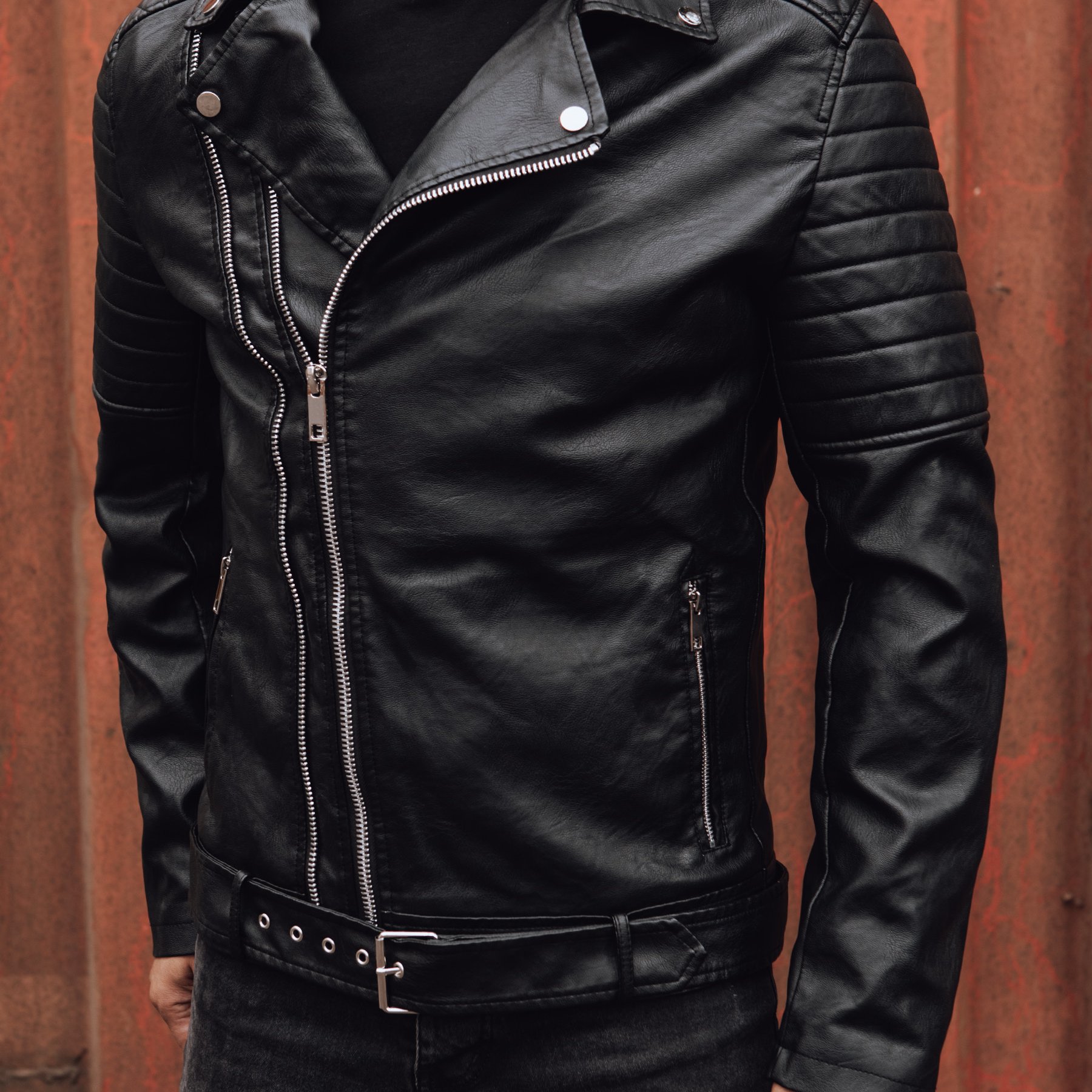 Black Men's Leather Biker Jacket With Asymmetrical Zipper And Belt, Jacket With Tassels And Decorative Details, Stylish Motorcycle Jacket Wear, With A Modern Twist, 4734