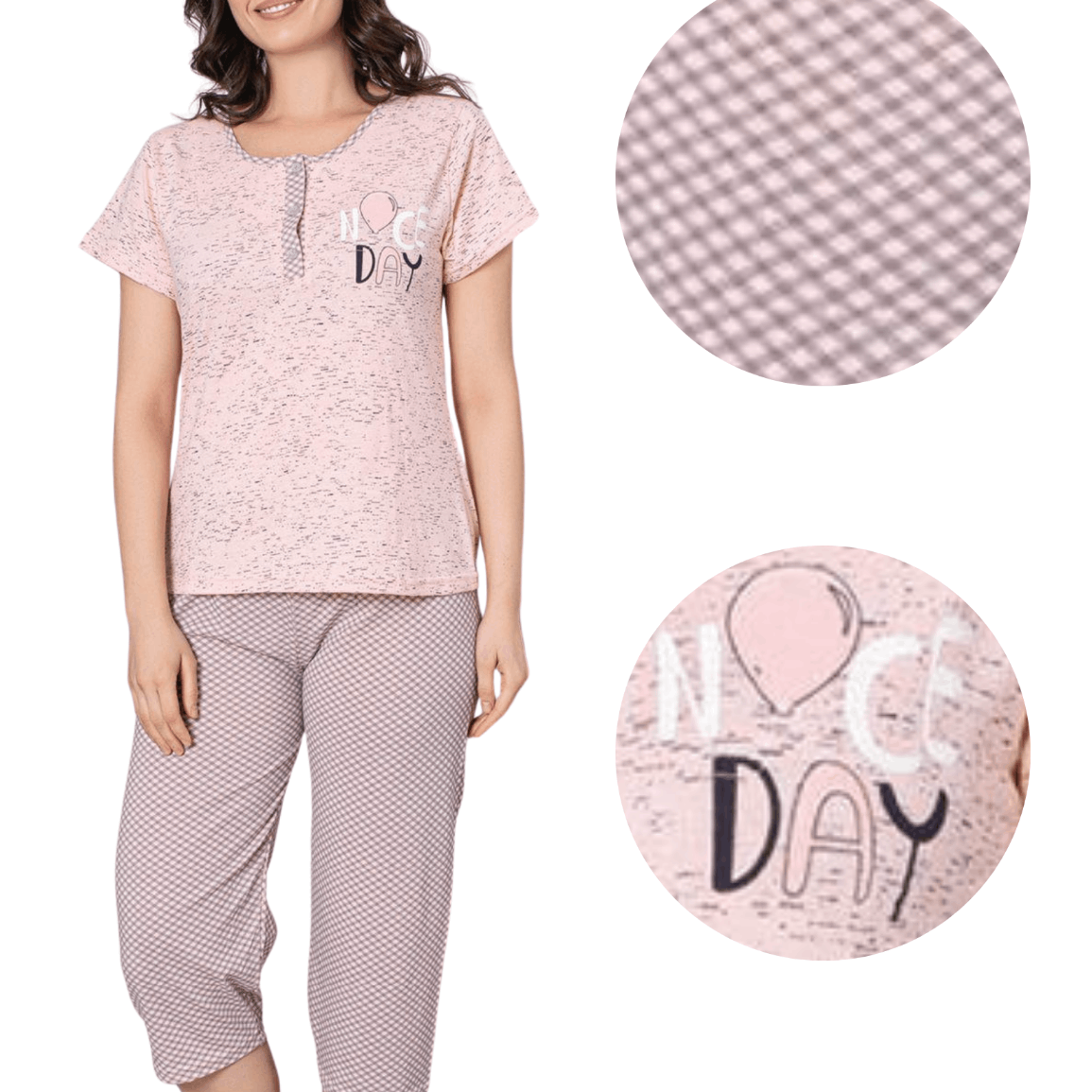 Image of Women's Pink Fisherman 3/4 Soft Comfortable Night Set, Breathable Material Providing During Sleep And Rest, Lightweight, Pajamas For Home, Summer, Spring, And Periods.