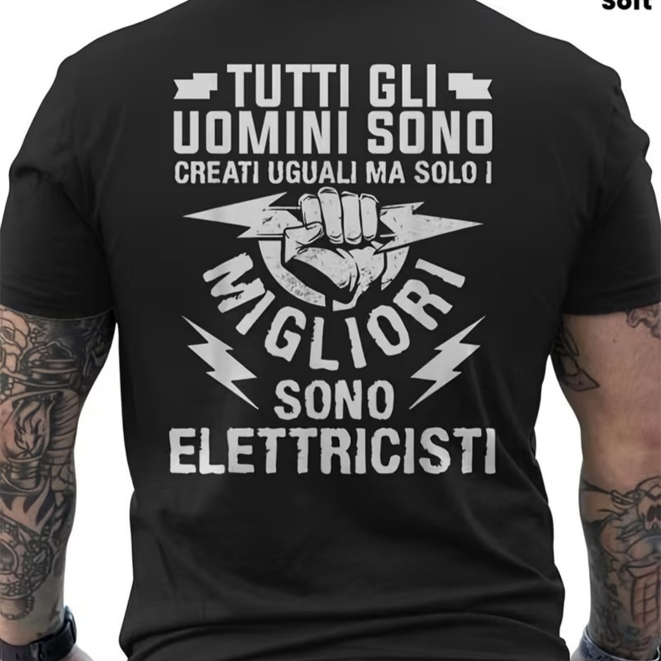 TEMU Electrician T-shirt With Italian Print On The Back And Slogan " Electricians" - Design With Lightning And Logo, Short-sleeved Work T-shirt, Soft