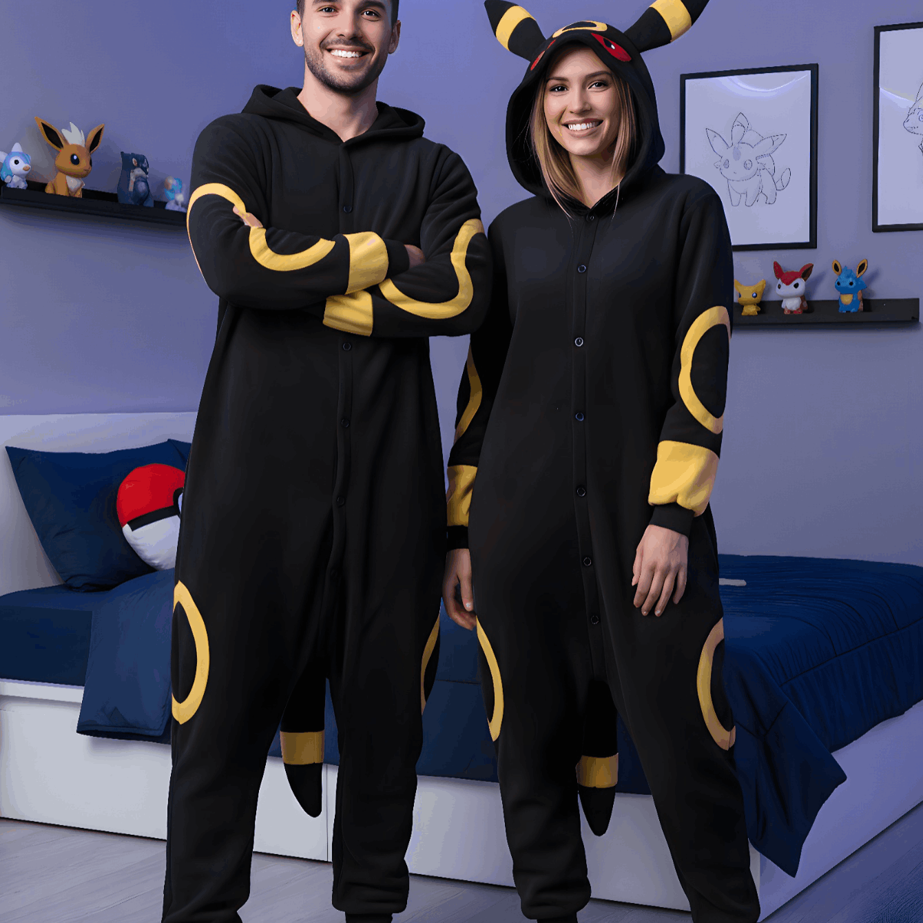 E-shop Plus Umbreon Pokémon Kostüm mit Kapuze und für Nerd-, 100% Polyester, Herbst und Winter, Freizeit, Party und , S - XXL (145 - 195 cm)