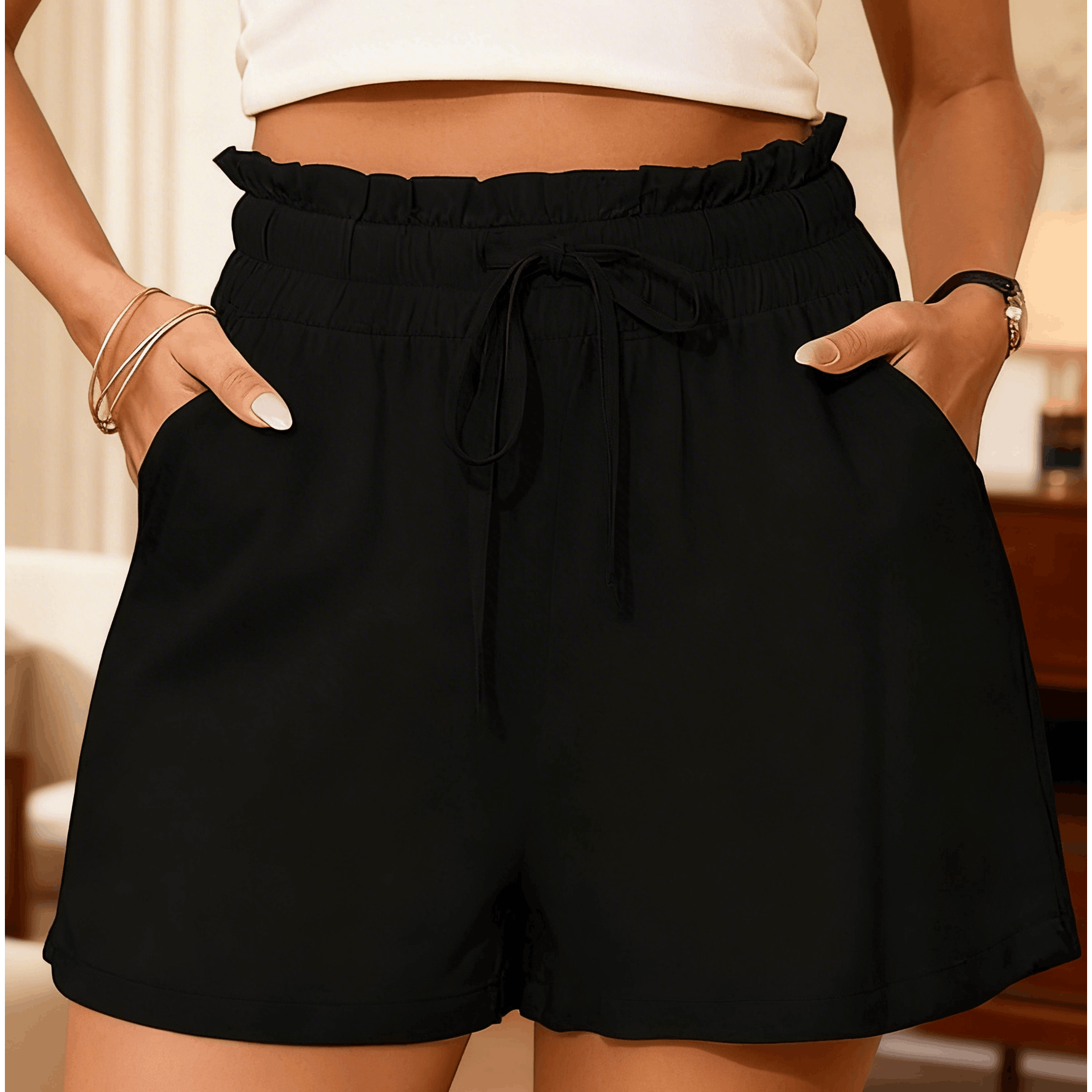 Women's Shorts With Dual Pockets, Elastic Waist, And Double Pants Pockets