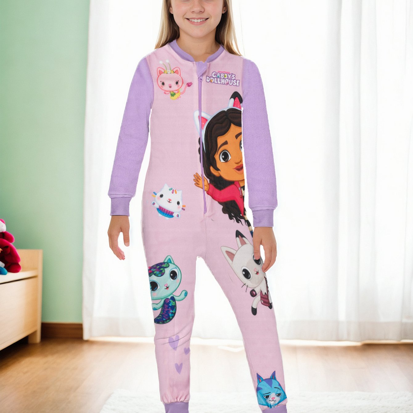 Image of Jumpsuit For Girls - Long Sleeve Pink/purple Kids Pajama Onesie