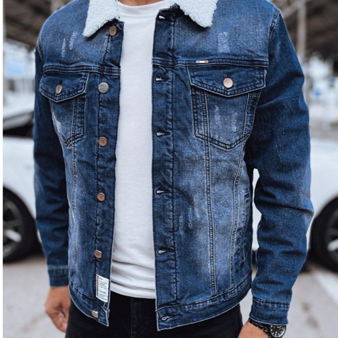 TEMU Dark Blue Men's Jacket, Insulated With Denim For Autumn And Winter, Classic Jacket With Patches And Buttons, Stylish And Warm Casual Jacket With