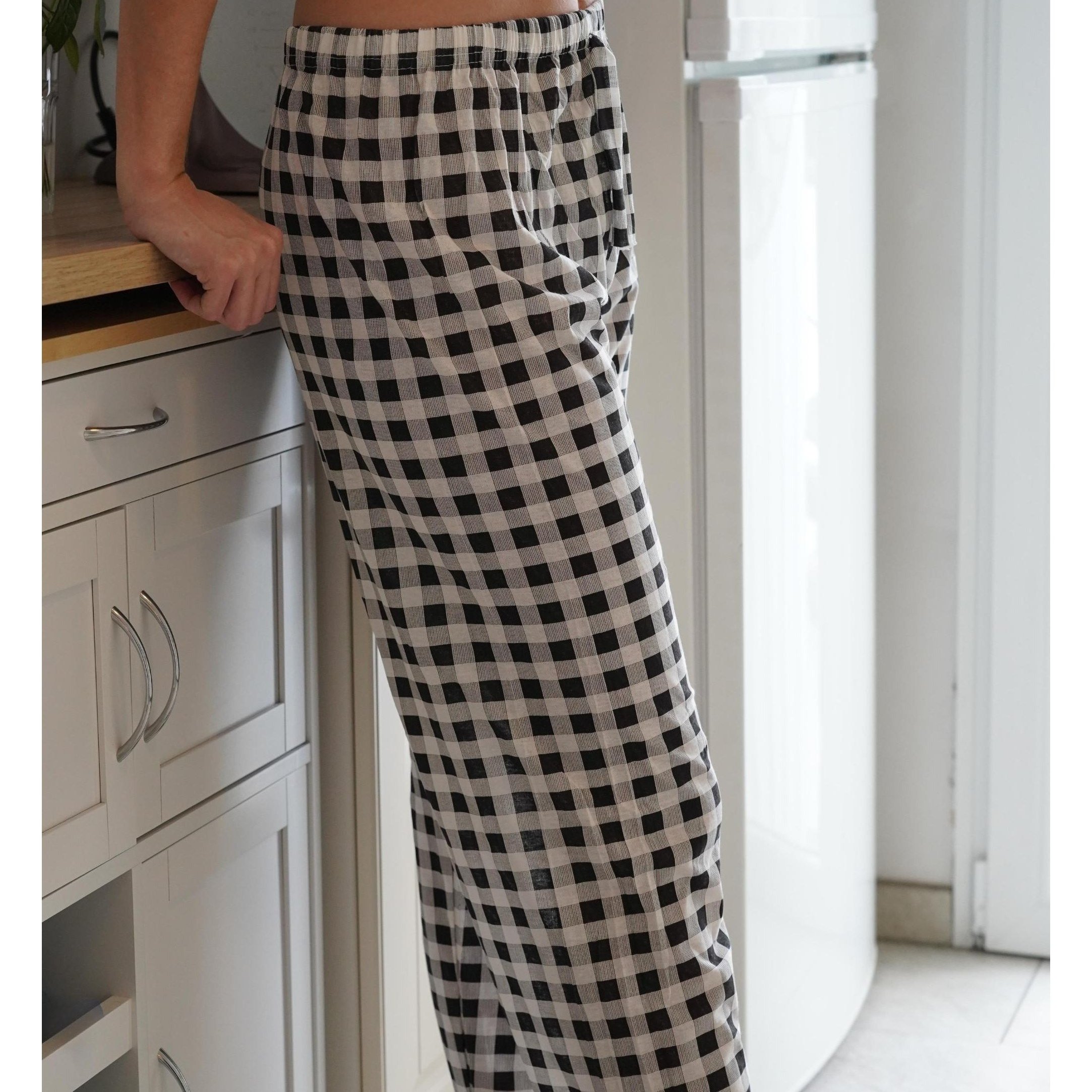 E-shop Damen 100% Baumwolle Karo Loungehose, Weiche Leichte Schlafhose, Bequeme Passform Schlafanzug für Damen, Atmungsaktive Baumwoll-Homewear,