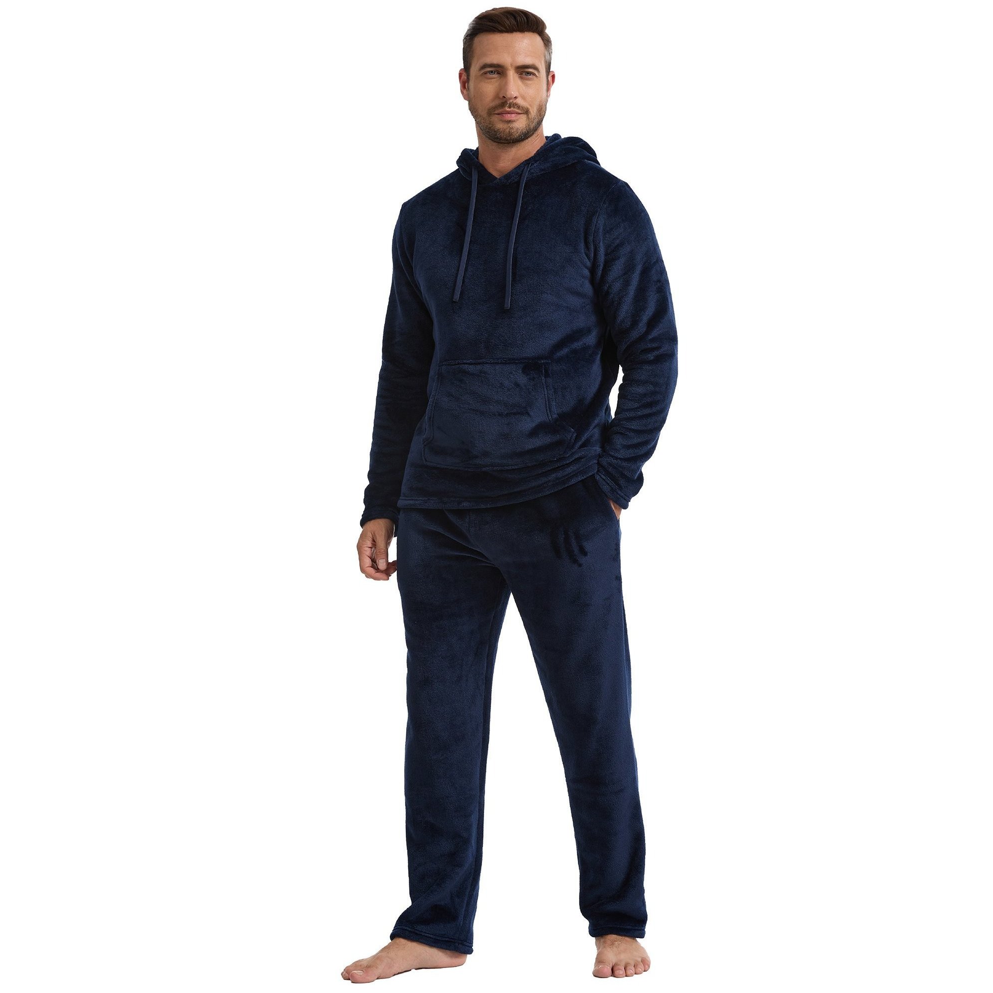 TEMU Mens Fleece Pyjama Set With Hood Long Sleeve Pants Soft Warm Loungewear Nightwear