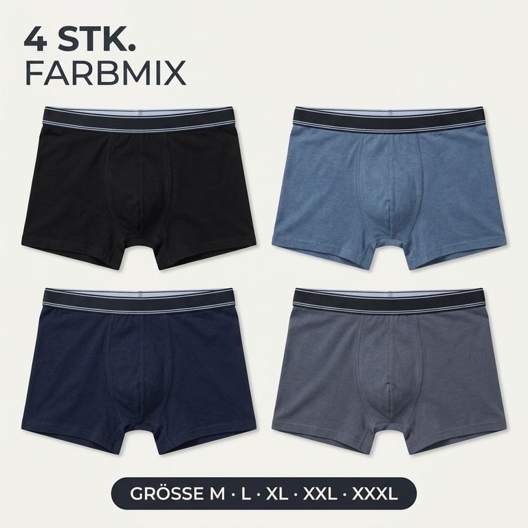 Image of 4 Men's Plain Boxer Shorts, Assorted Colors, With Elastic Waistband, Size M / L / Xl / Xxl / Xxxl