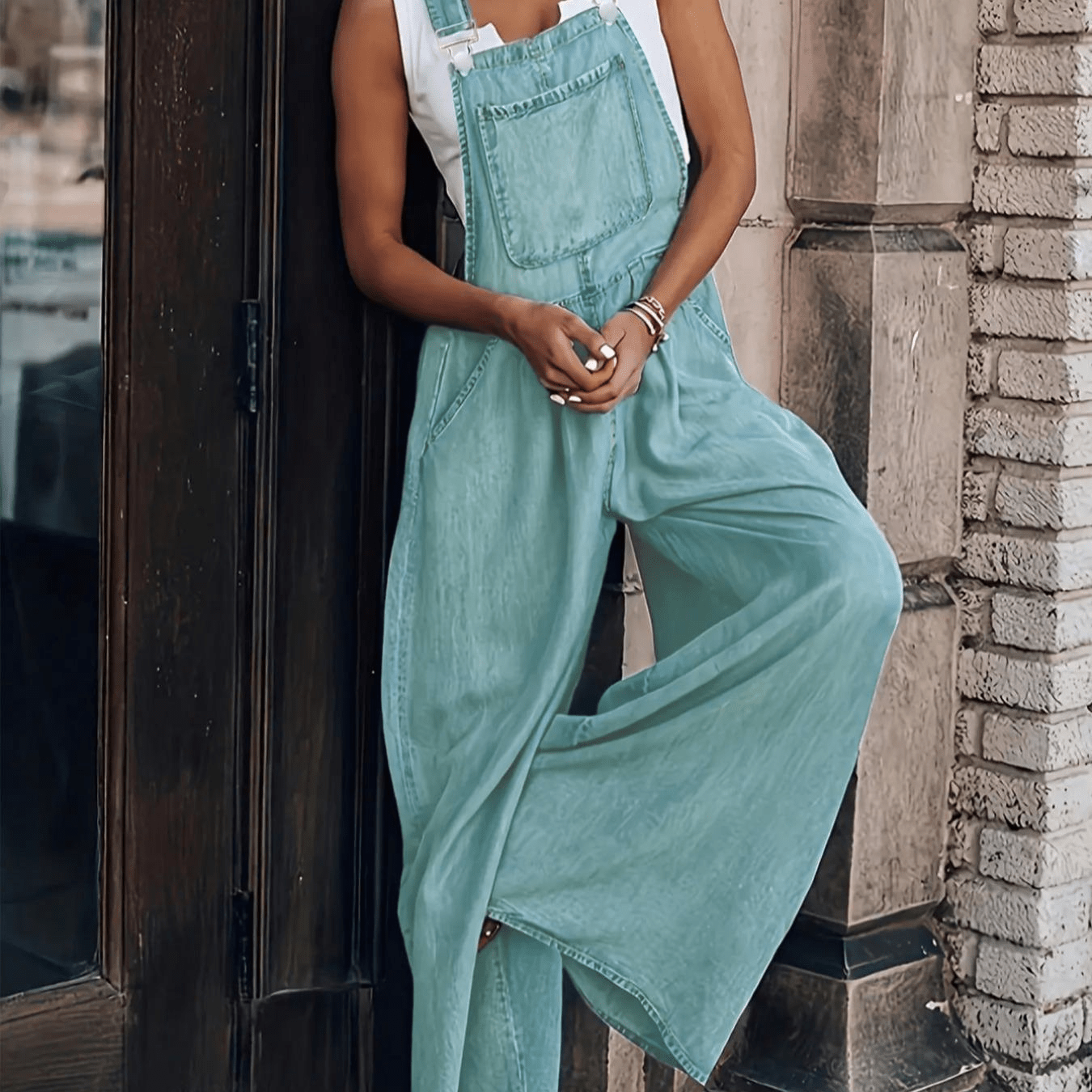 Image of Women' Overalls, Adjustable Strap Wide Leg Jumpsuit, Loose Fit Casual Overalls With Functional Pockets, Soft Lightweight Rompers For Summer, Beach & Daily Wear