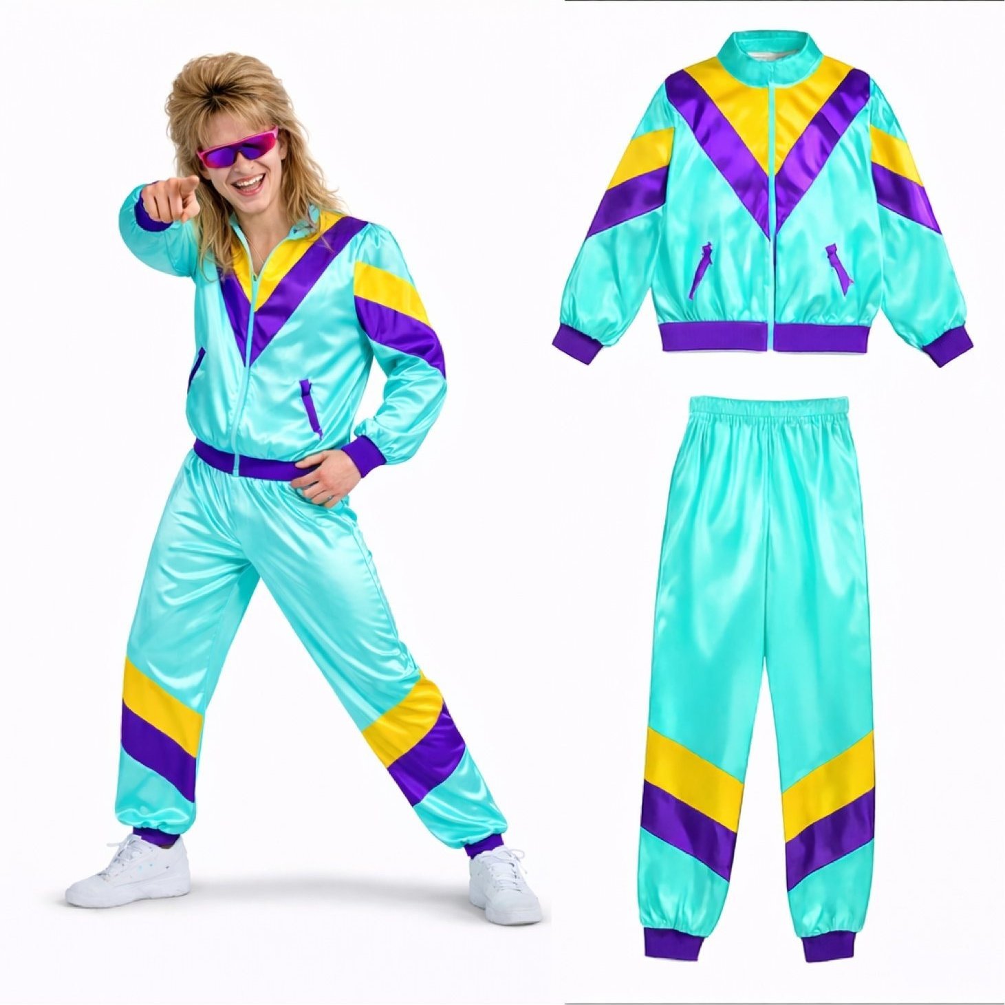 Neon Training Overall In 80s & 90s Look – Retro Bad Taste Jogging Suit For – Carnival And Mardi Gras Blue