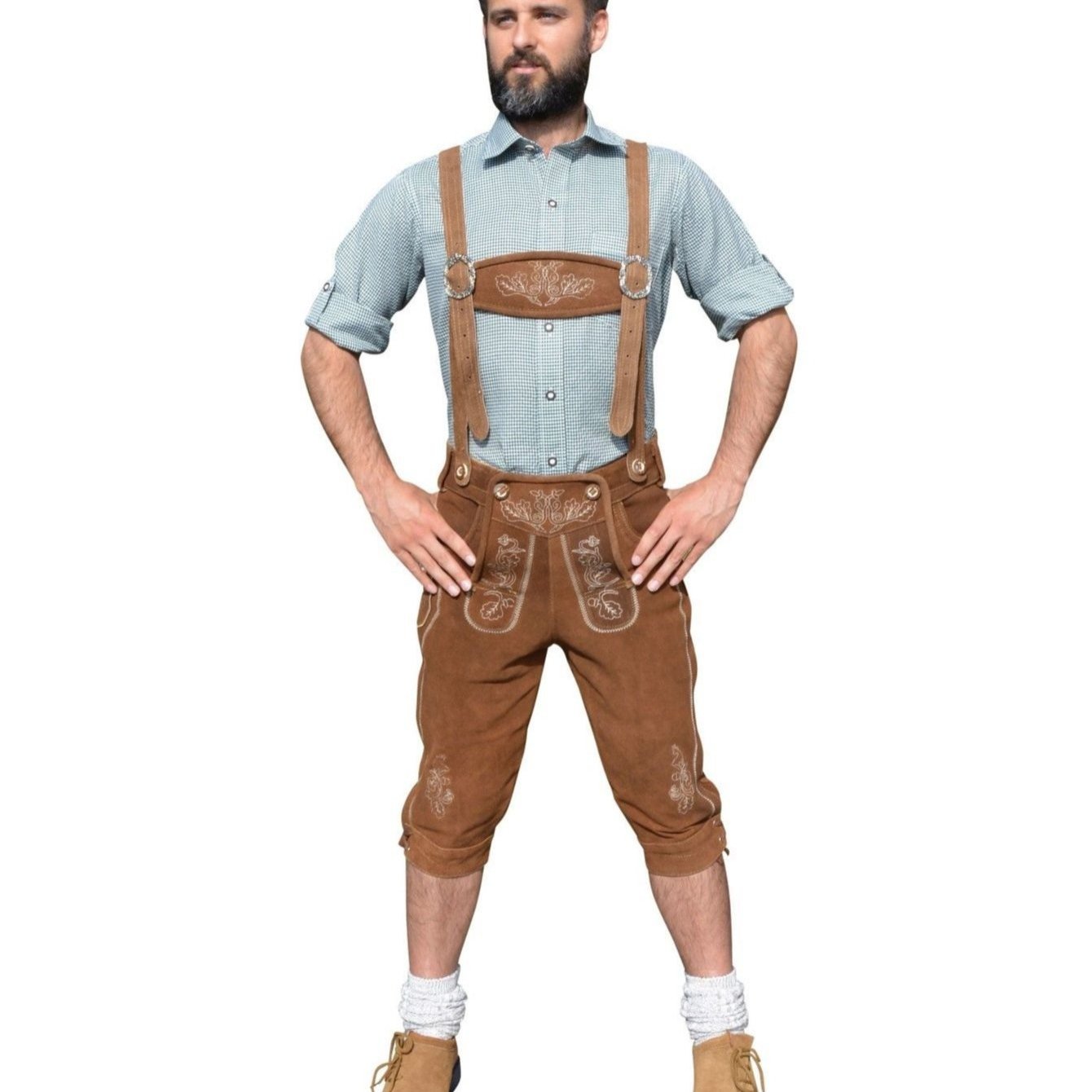 Image of Traditional With Suspenders For Men, Light Brown, Made Of Durable Leather, Knee-high Trachten Pants, Sizes 44-46-48-50-52-54-56-58-60
