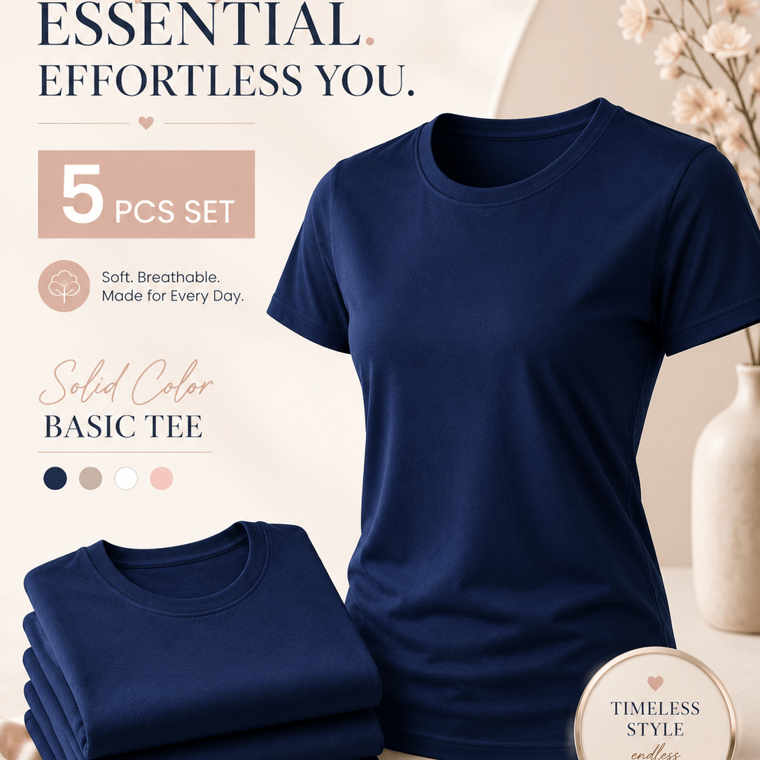 TEMU 5pcs Set Women' Color -shirts, Navy Blue Crew Neck Short Sleeve Tops, Soft Breathable Everyday Tees For Casual Wear, Work, Travel, Home, Lounge,