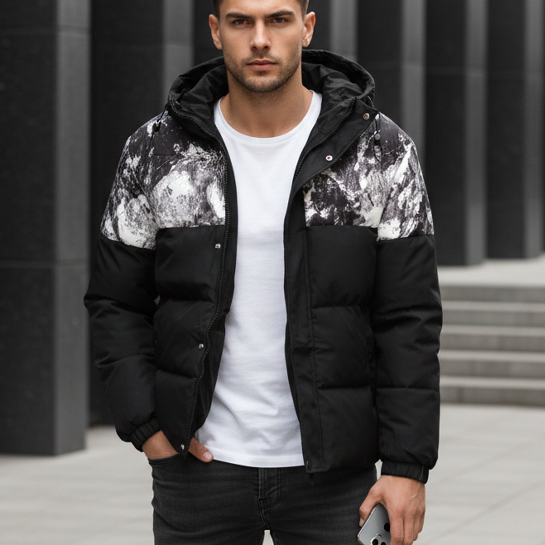 Image of Men's Quilted Jacket With Hood, Regular Fit, Zipper And Snap Closure, Side Pockets, Inner Hood, Adjustable Length To The Hips, Contrast Panel, Casual 's Jacket, Polyester, For Everyday Use