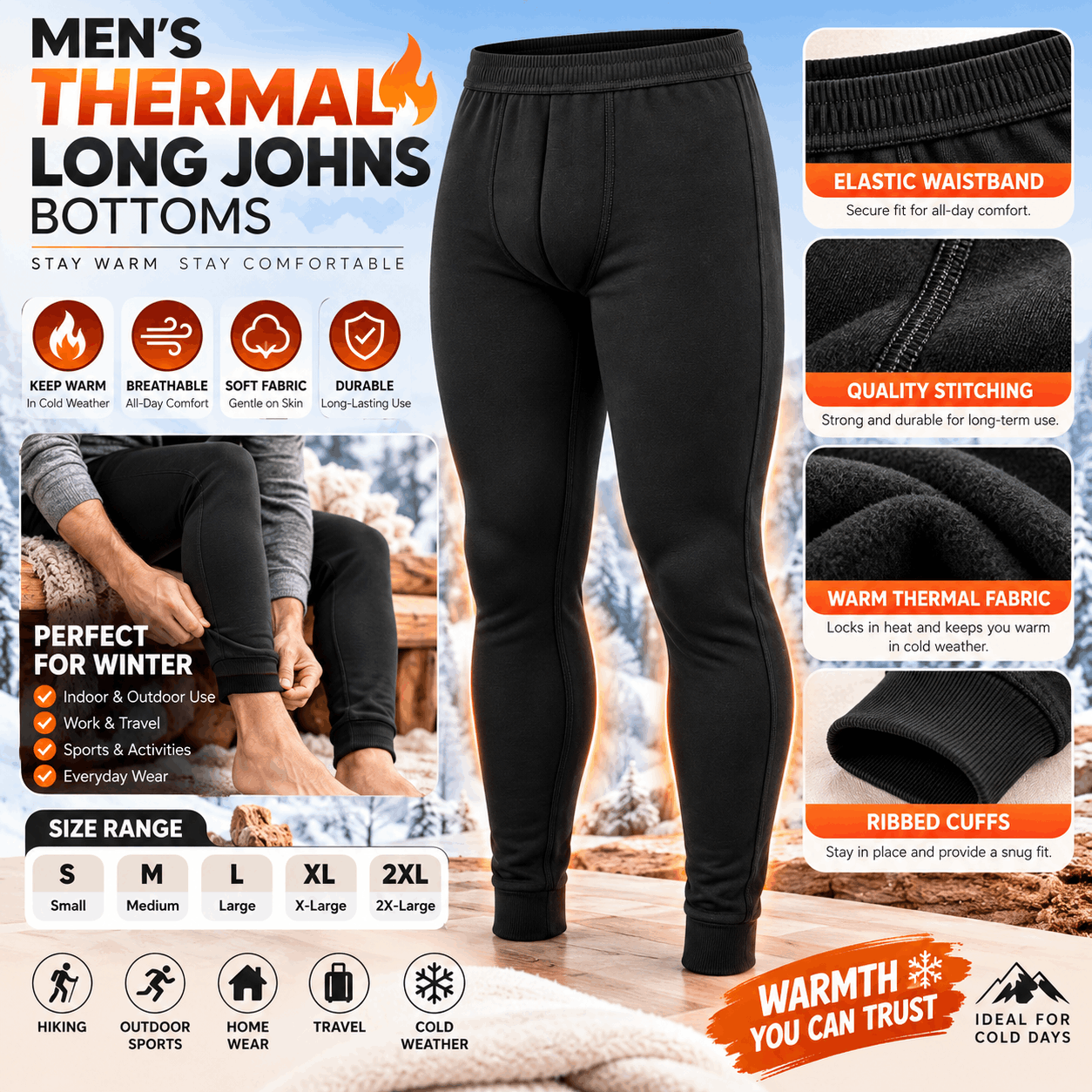 TEMU Men’s Thermal Long Johns Bottoms, Winter Warm Base Layer Pants, Fleece Lined Thermal Underwear Trousers, Soft Stretch Cold Weather Leggings,
