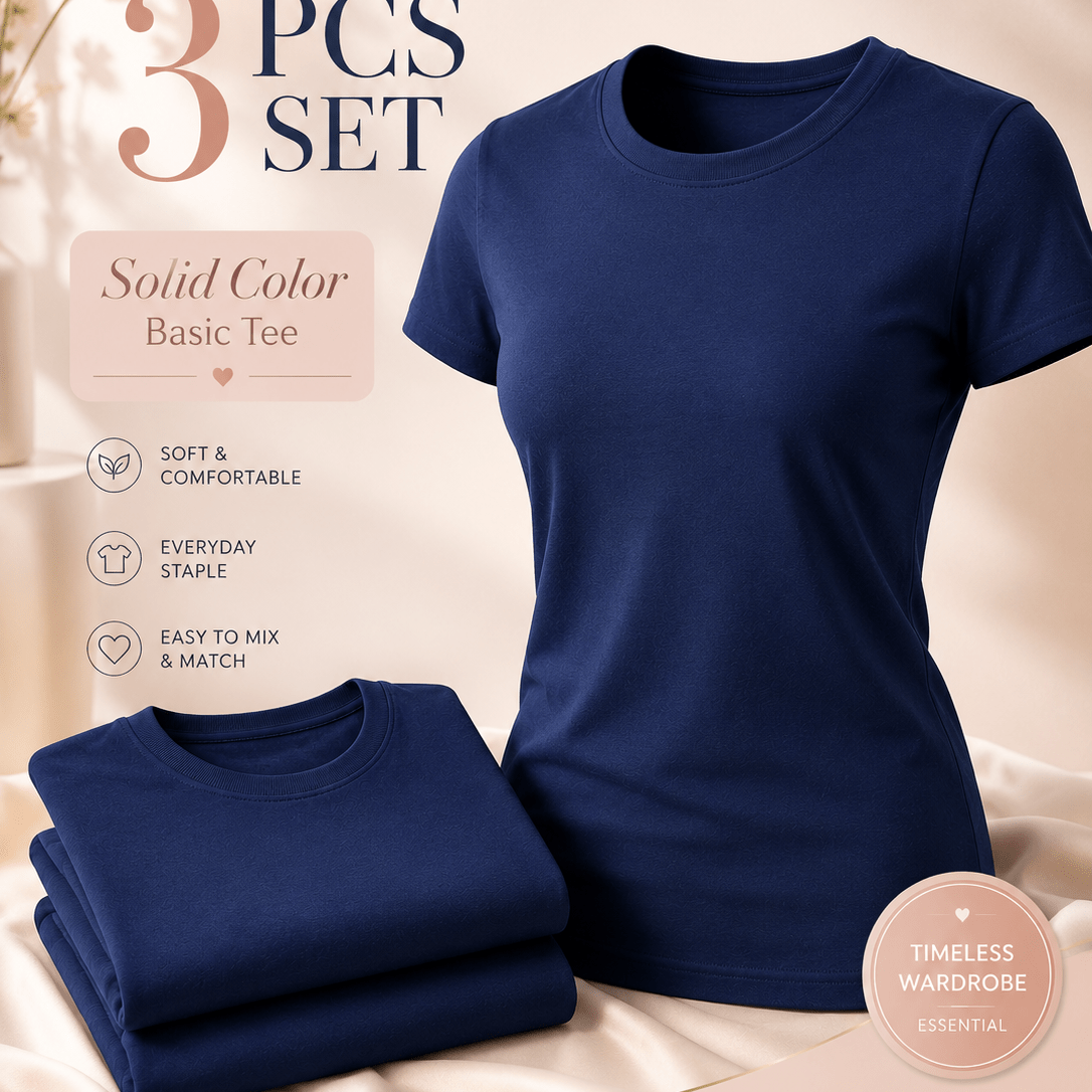 TEMU 3 Pcs Set Women’ Color -shirts, Navy Blue Crew Neck Short Sleeve Tops, Soft Comfortable Everyday Tees For Casual Wear, Layering, Office, Travel,