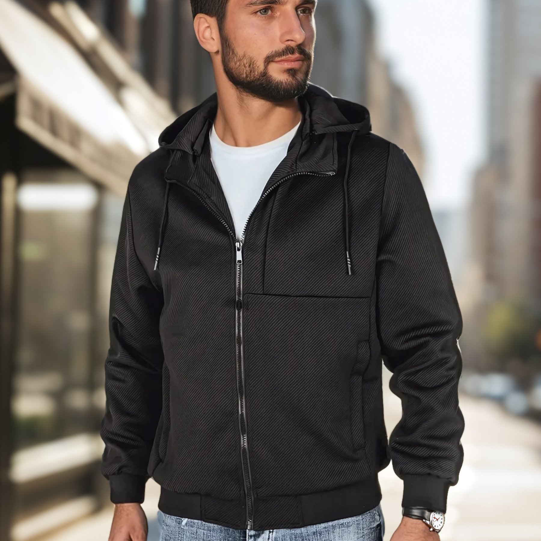 Image of Men's Black Jacket With A Detachable Hood, Casual, With A Zipper And Light Filling, Waist And Cuff Adjusters, Outer And Inner Pockets, Ideal For Spring And Autumn, 5016