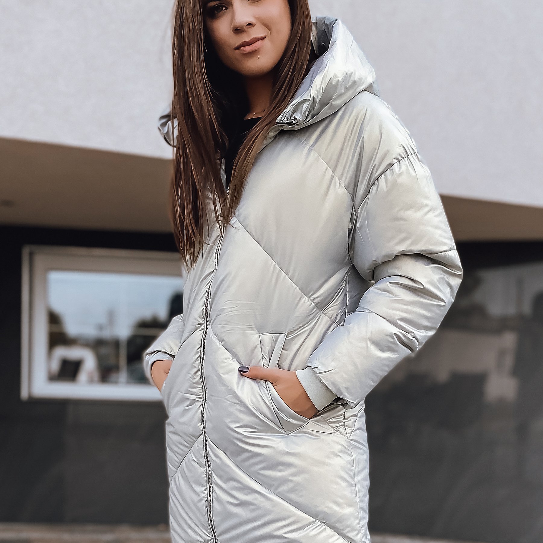 Image of Women's Long Winter Quilted Jacket With Hood, Polyester Padded Outerwear, Stylish And Practical Coat For Cold Days With Pockets And Cuffs, Trendy Everyday Design Warm And Elegant Look