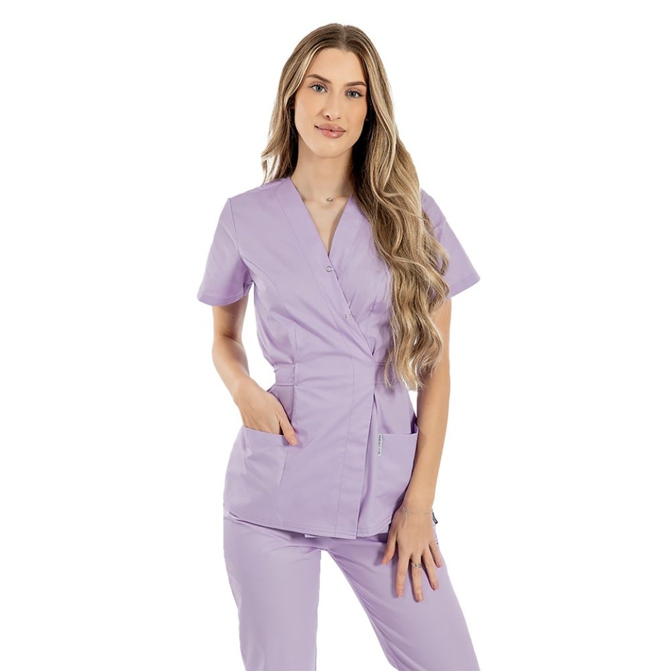 Lilac Medical Uniform With Kimono-style Top And Elastic Waist Pants
