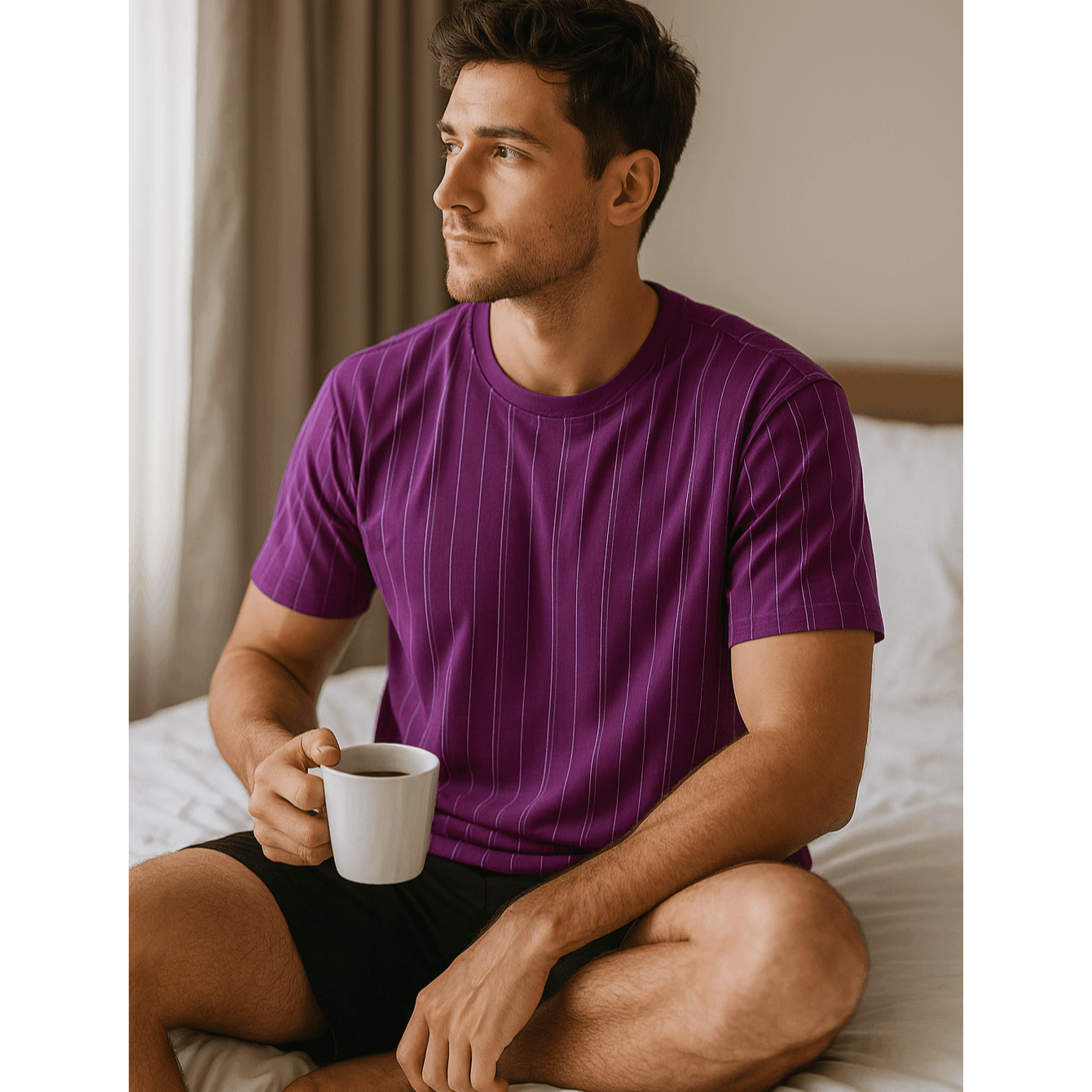 Men's Short Pajama Set 100% Cotton Men's Short-sleeve Pajama With Shorty Top In Purple With Stripes And Black Pants Size M