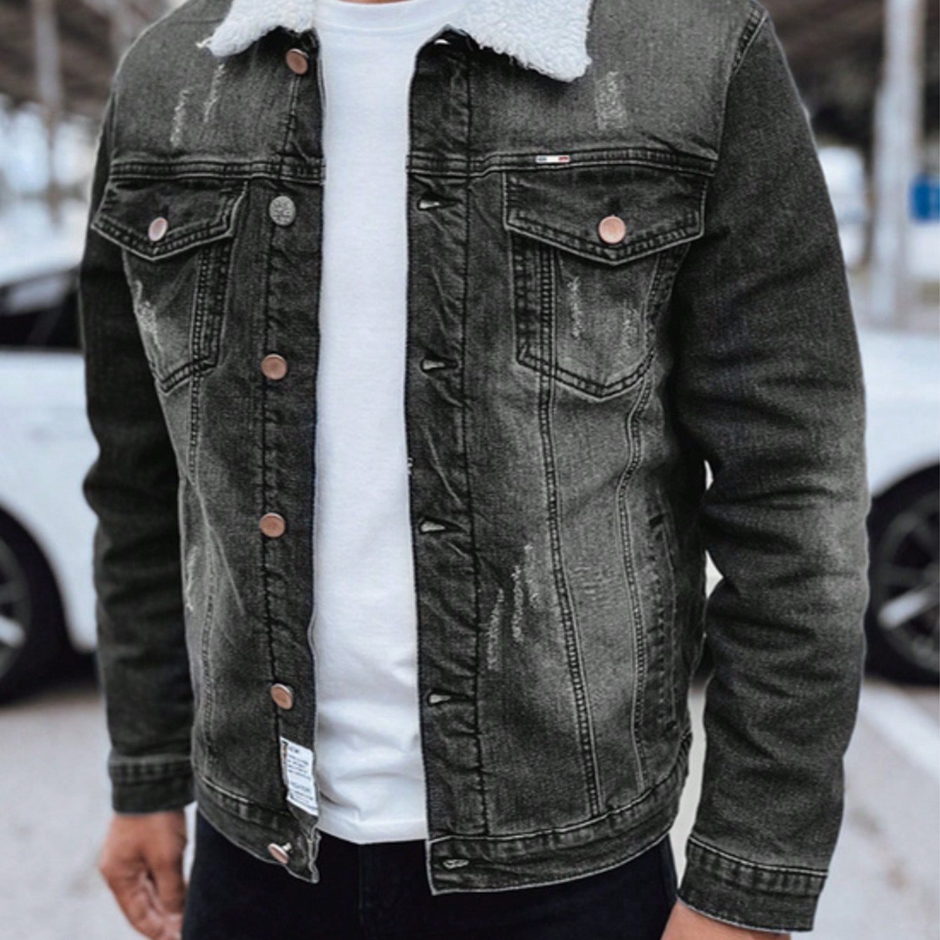 TEMU Dark Blue Men's Jacket, Insulated With Denim For Autumn And Winter, Classic Jacket With Patches And Buttons, Stylish And Warm Casual Jacket With