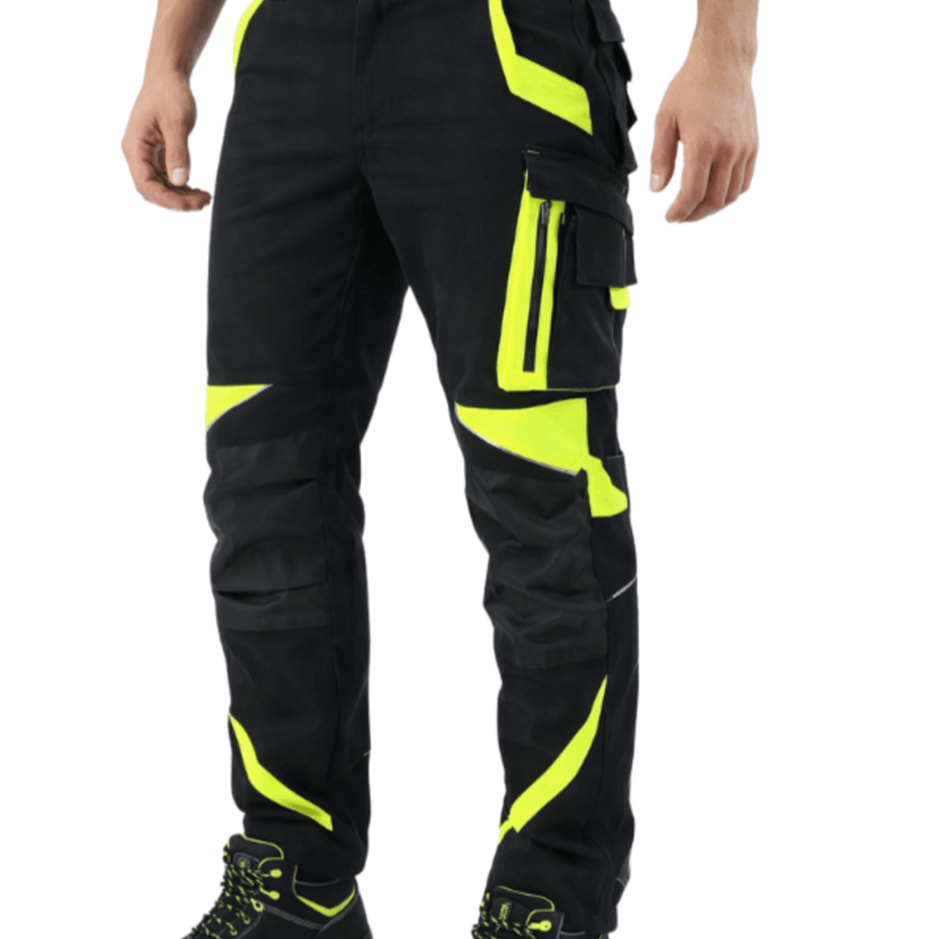 E-shop Arbeitshose Herren elastische 2-Way Stretch Canvas, Knietaschen, Reflexstreifen, robuste Arbeitskleidung, Schwarz-Gelb