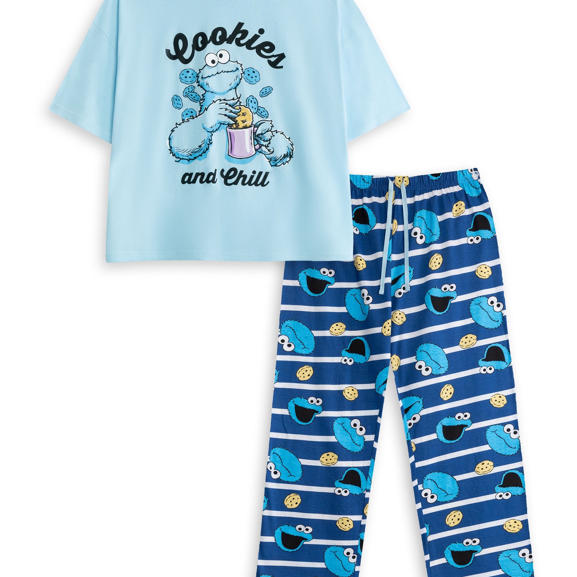 TEMU Vanilla Underground Sesame Street Cookie Monster Womens Blue Short Sleeve Long Leg Pyjama Set | ' And ' Cartoon Print | Fun Sleepwear & Lounging