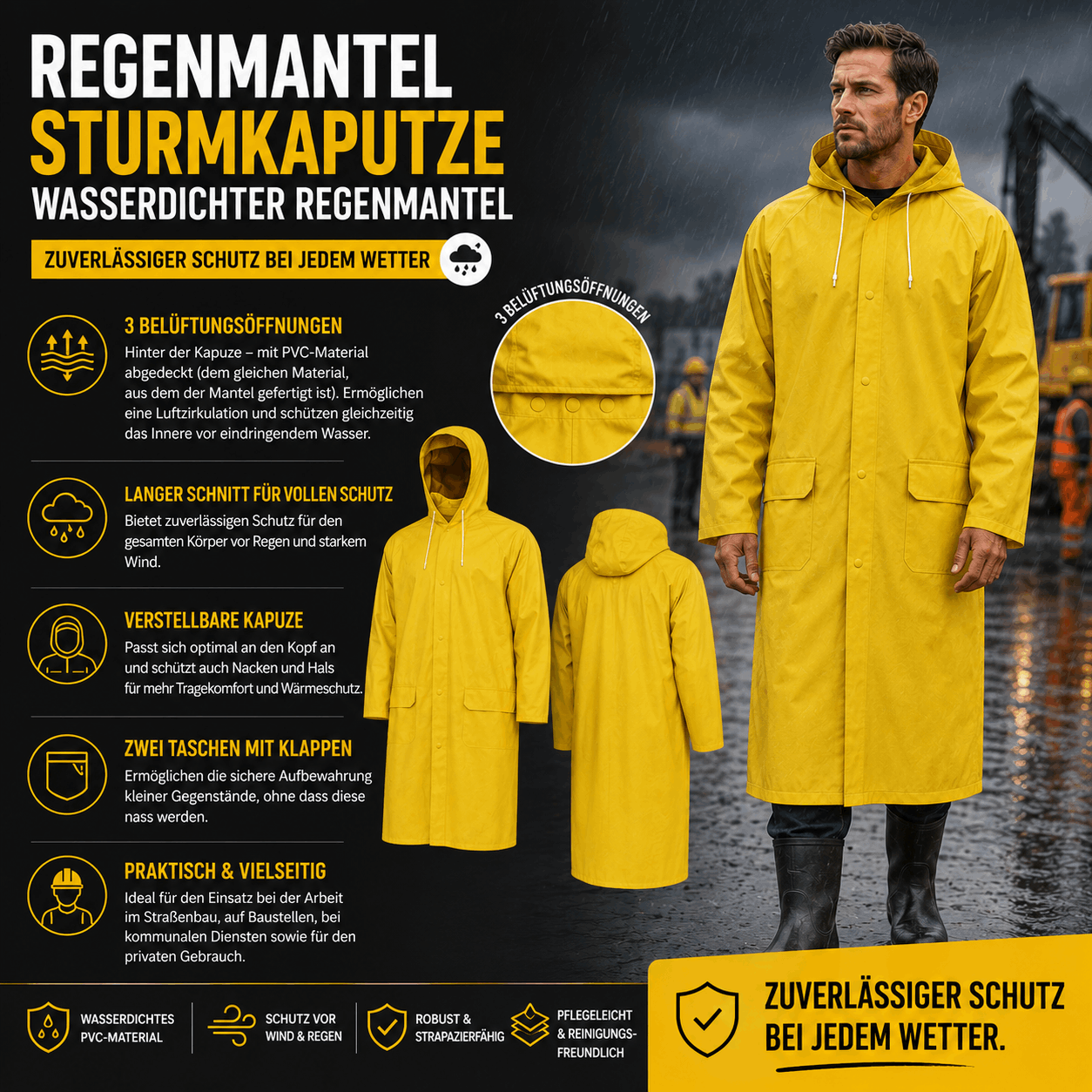 Men's Yellow Pvc Raincoat – Waterproof Work Jacket With Hood – Storm Jacket Raincoat Outdoor Size