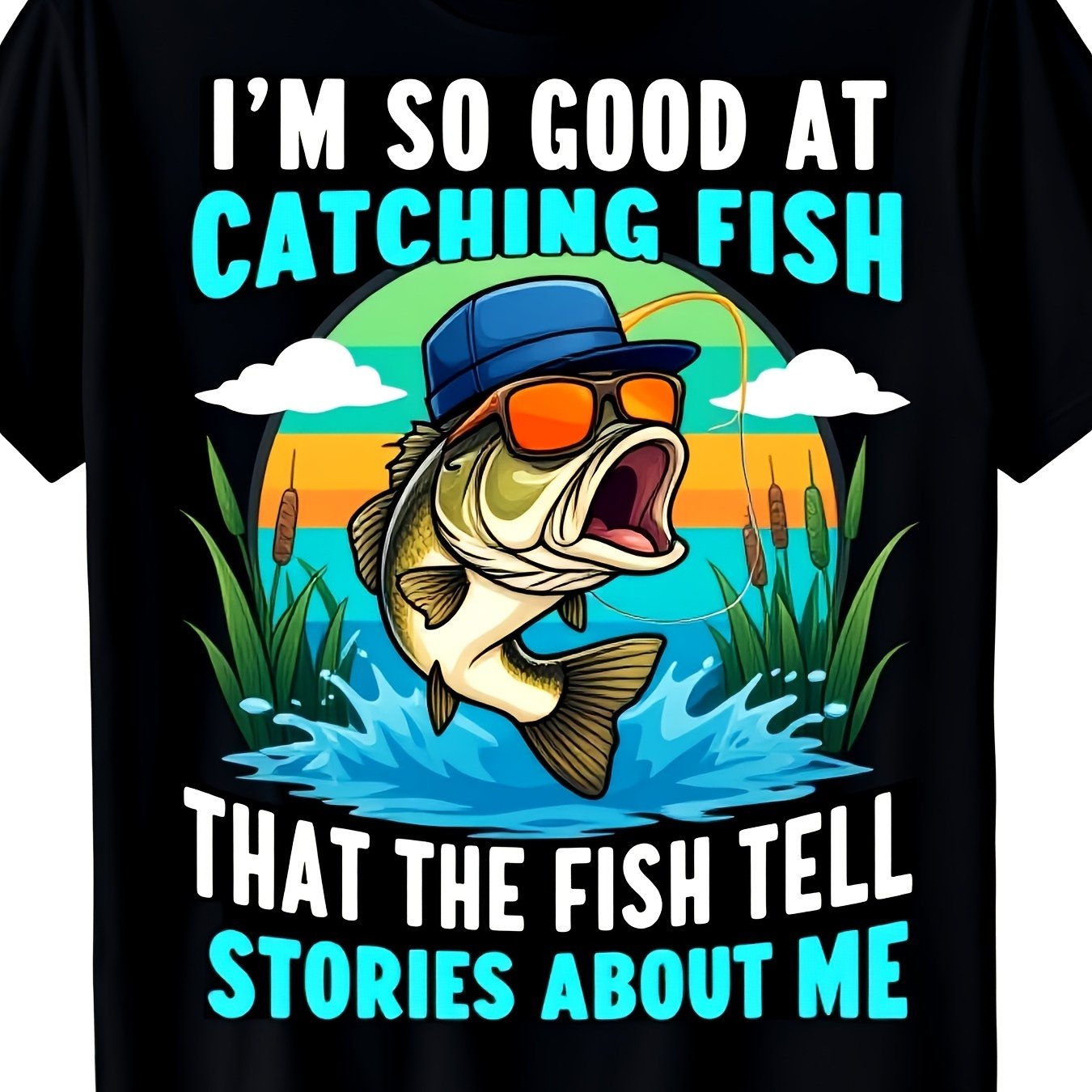 TEMU Men's Humorous Fishing Graphic T-shirt Catching Fish Stories Print Stretch Spandex Crew Neck Casual Short Sleeve Summer Outdoor Angling Tee