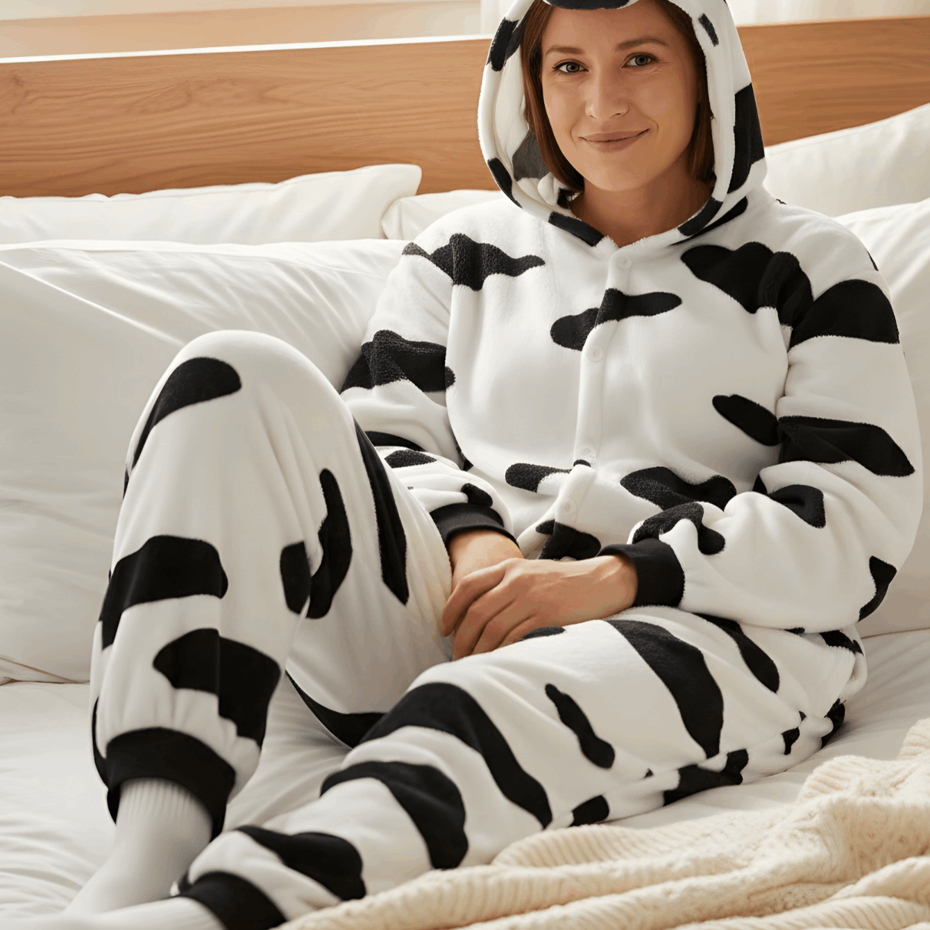 Image of Plush Pajama Cow Cosplay Costume With Hood And Pockets By Nerd Hunters, 100% Polyester, Autumn And Winter, Casual, Party, And Everyday Wear, S - Xxl (145 - 195 Cm)