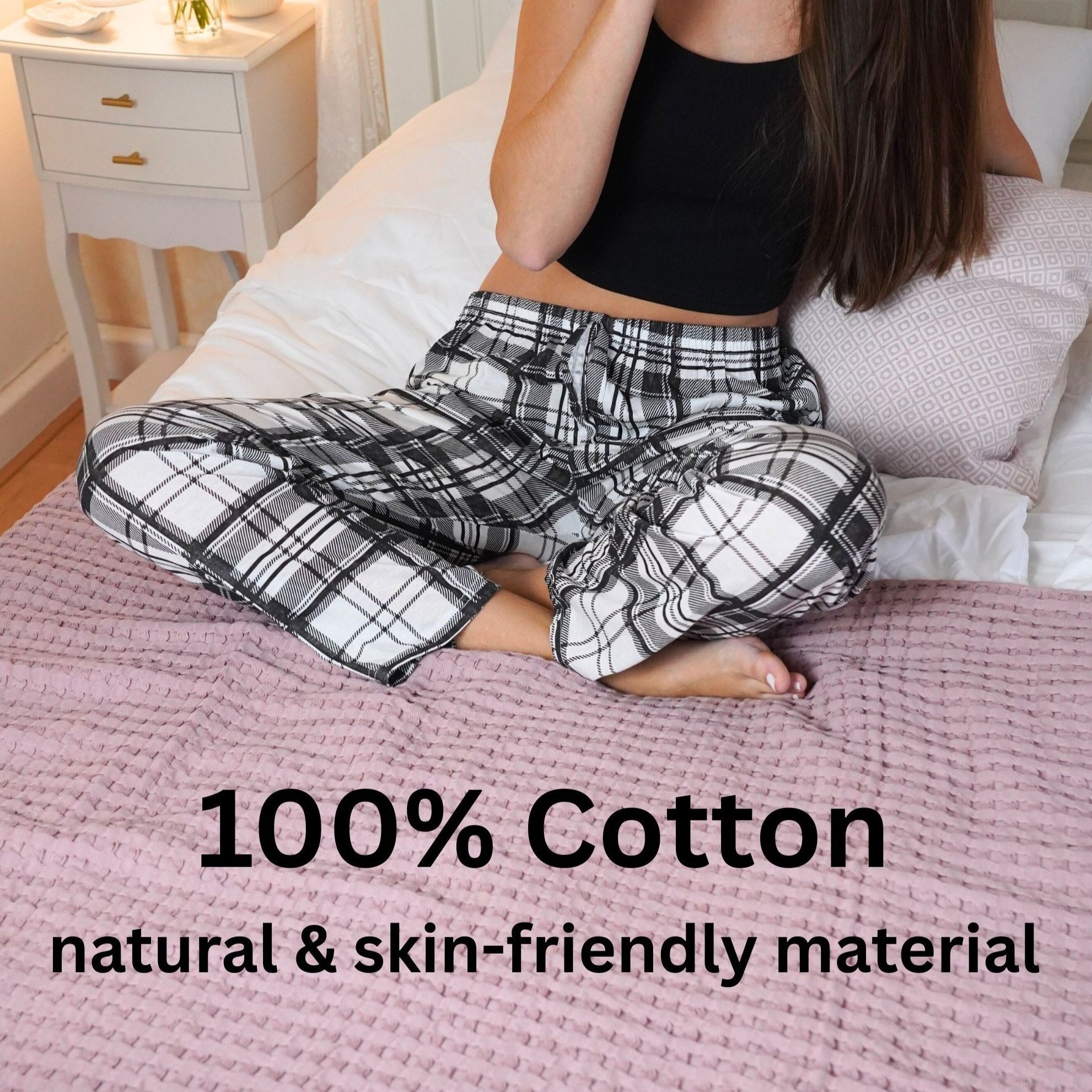 Image of 100% Cotton Women’s Black & White Pajama Pants – Long Tartan Loungewear Trousers, Soft & Breathable Sleep Bottoms