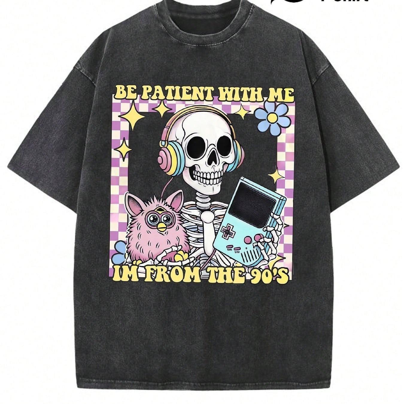 TEMU Camiseta Oversized Retro de - Camiseta Vintage de Cuello de Algodón con el Eslogan ' with Me The 90's' y Gráficos de Gaming/Squeleton de ,