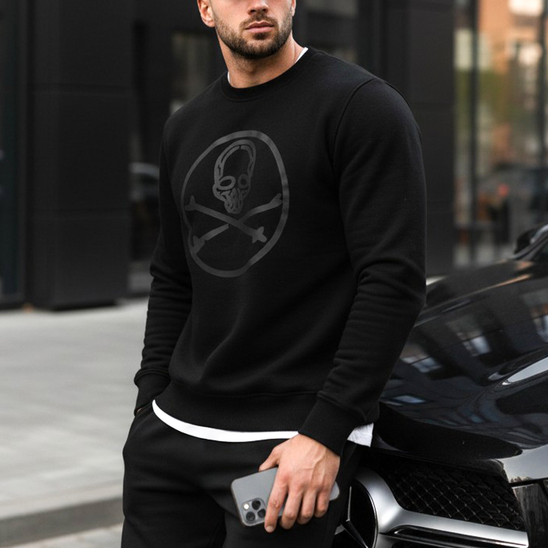 Image of Men's Printed Hoodie With A Regular Fit, No Hood, Round Neckline, Sleeve Cuffs, 'spolyester Minimalist Print On The Front For Everyday Wear.