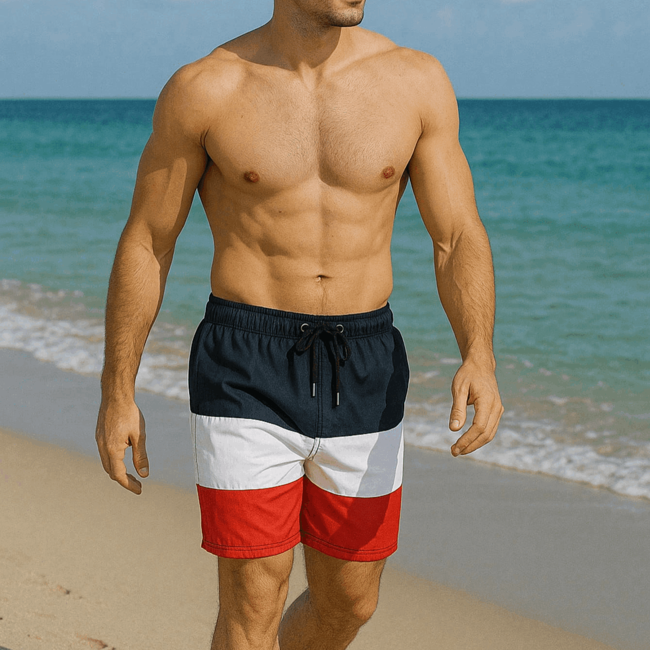 Men's Beach Shorts With A Tricolor Pattern - Elastic Waist With A Drawstring, Quick-drying, Ideal For The Beach And Pool