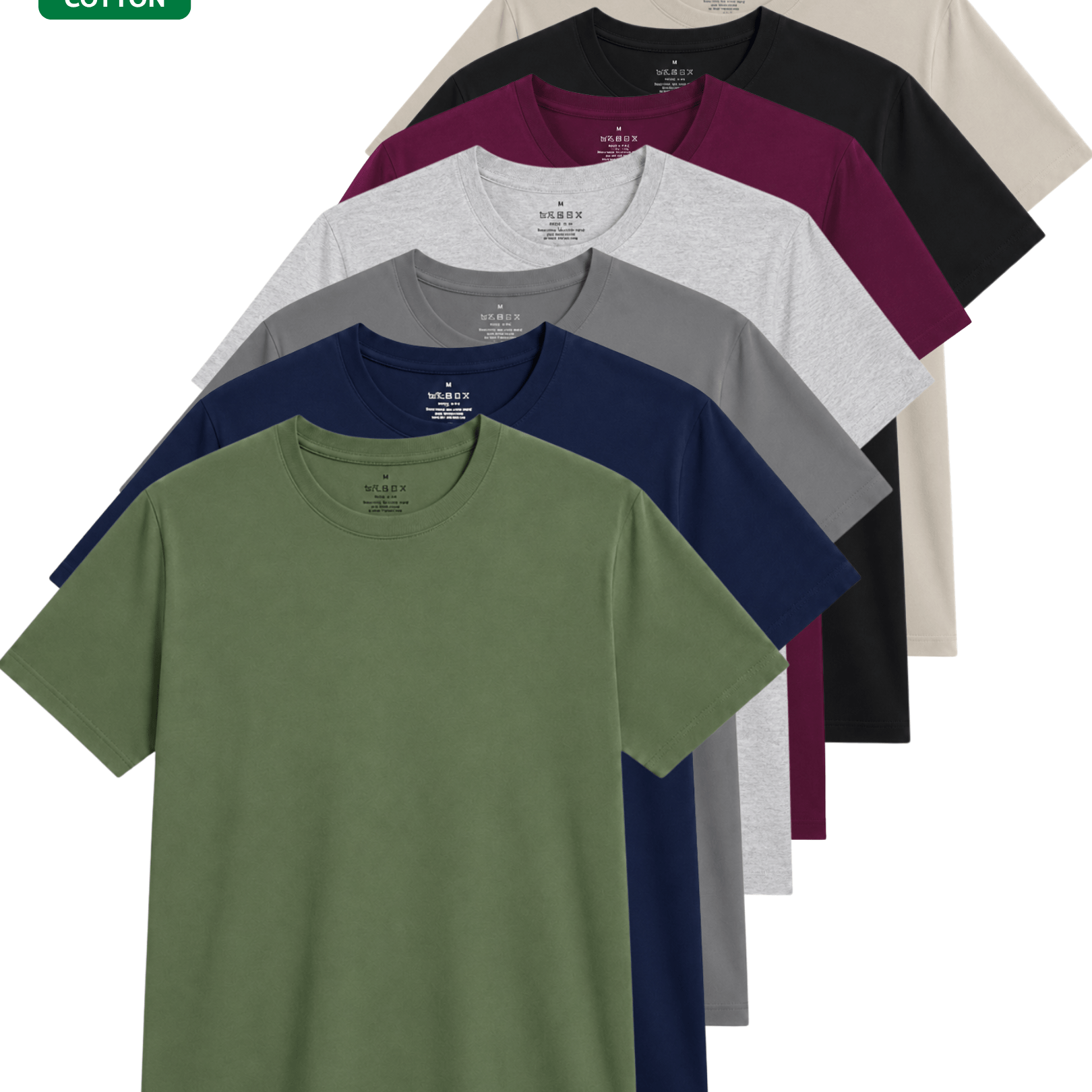 TEMU 7-piece Unisex 100% Cotton T-shirt Set, Mixed Colors: Black, Sand, , Navy Blue, Dark Grey, Light Grey, And Military Green, Solid Color, Soft And